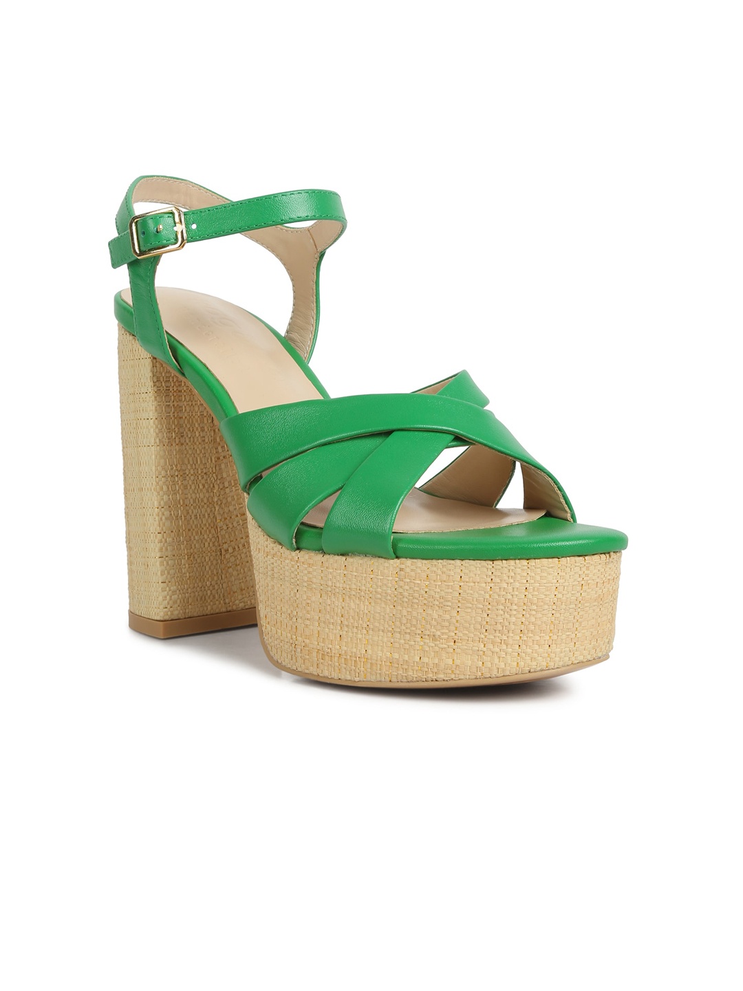 

RAG & CO Crisscross Strappy Leather Platform Heels With Buckles, Green