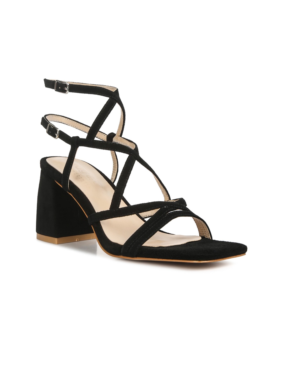 

RAG & CO Mid Top Strappy Open Toe Suede Block Heels With Ankle Loop, Black