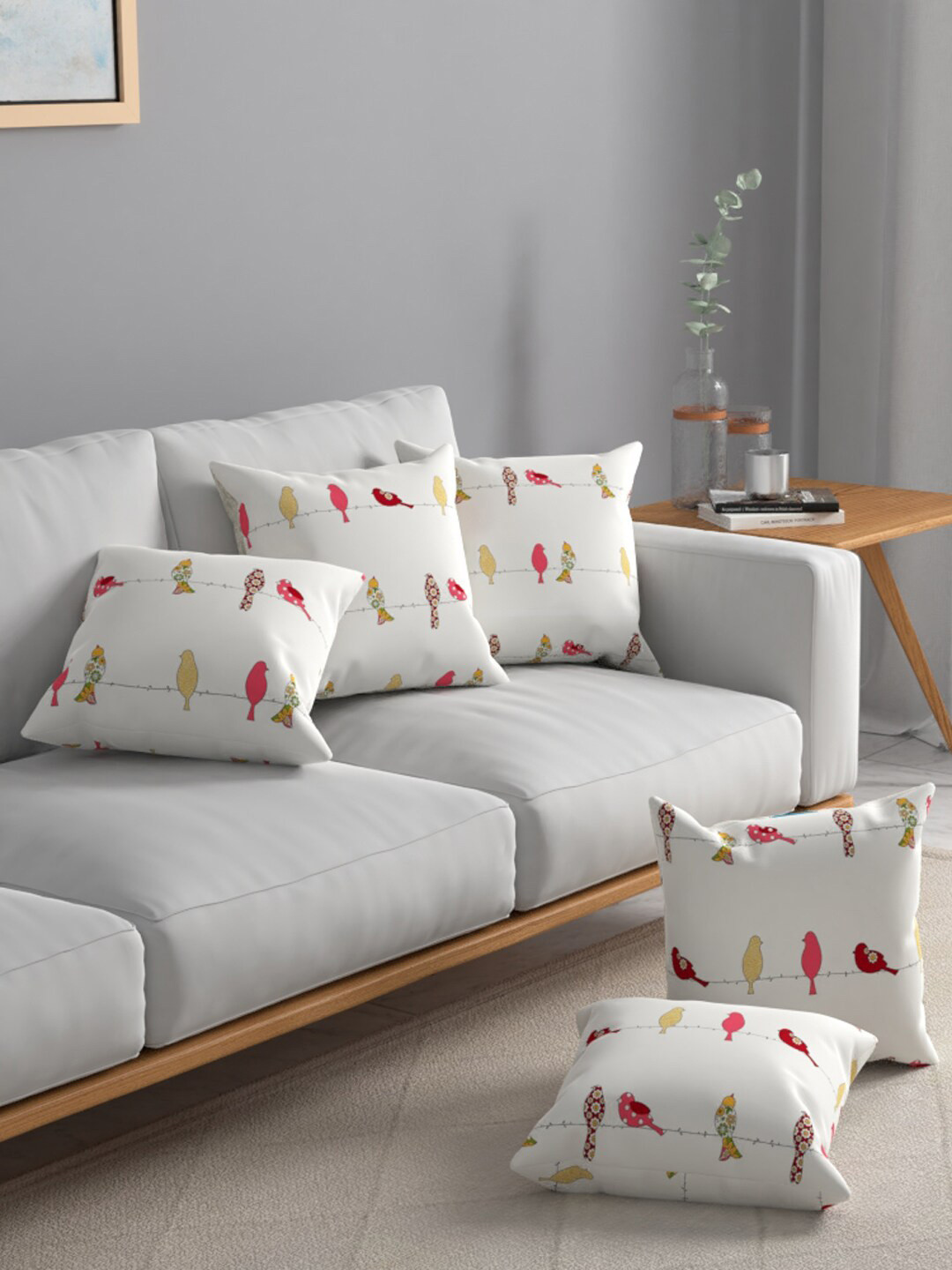 

URBAN SPACE White & Red 5 Pieces Quirky Printed Square Cushion Covers