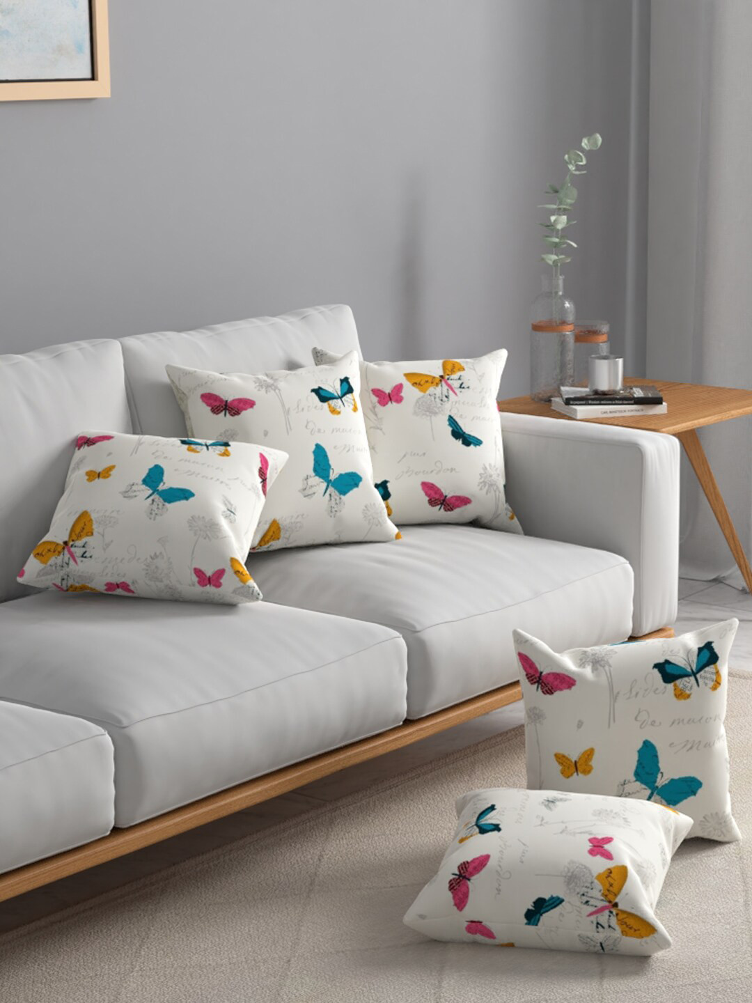 

URBAN SPACE White & Pink 5 Pieces Quirky Square Cotton Cushion Covers