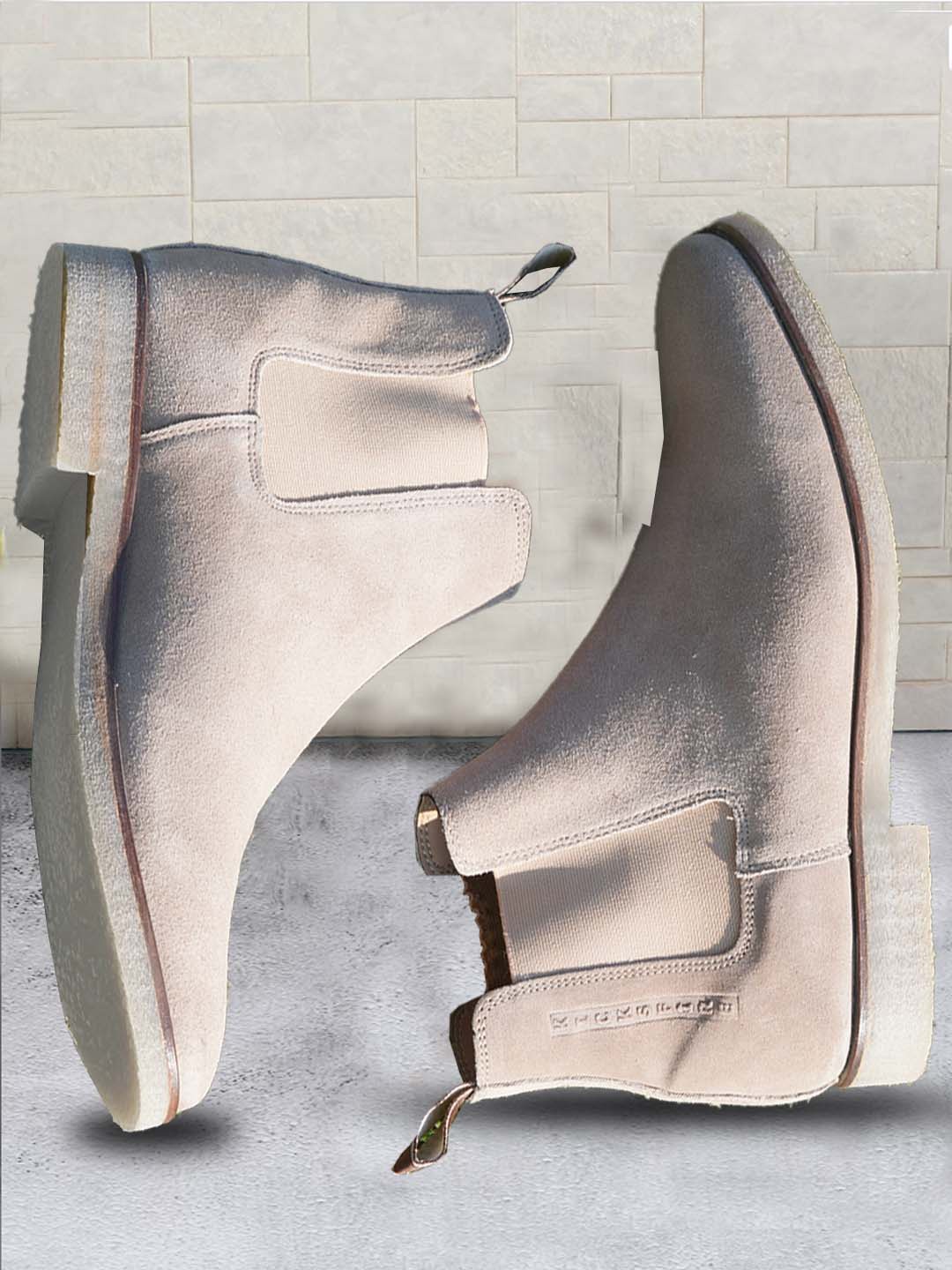 

KICKSFIRE Men Mid Top Block-Heel Pure Leather Chelsea Boots, Beige