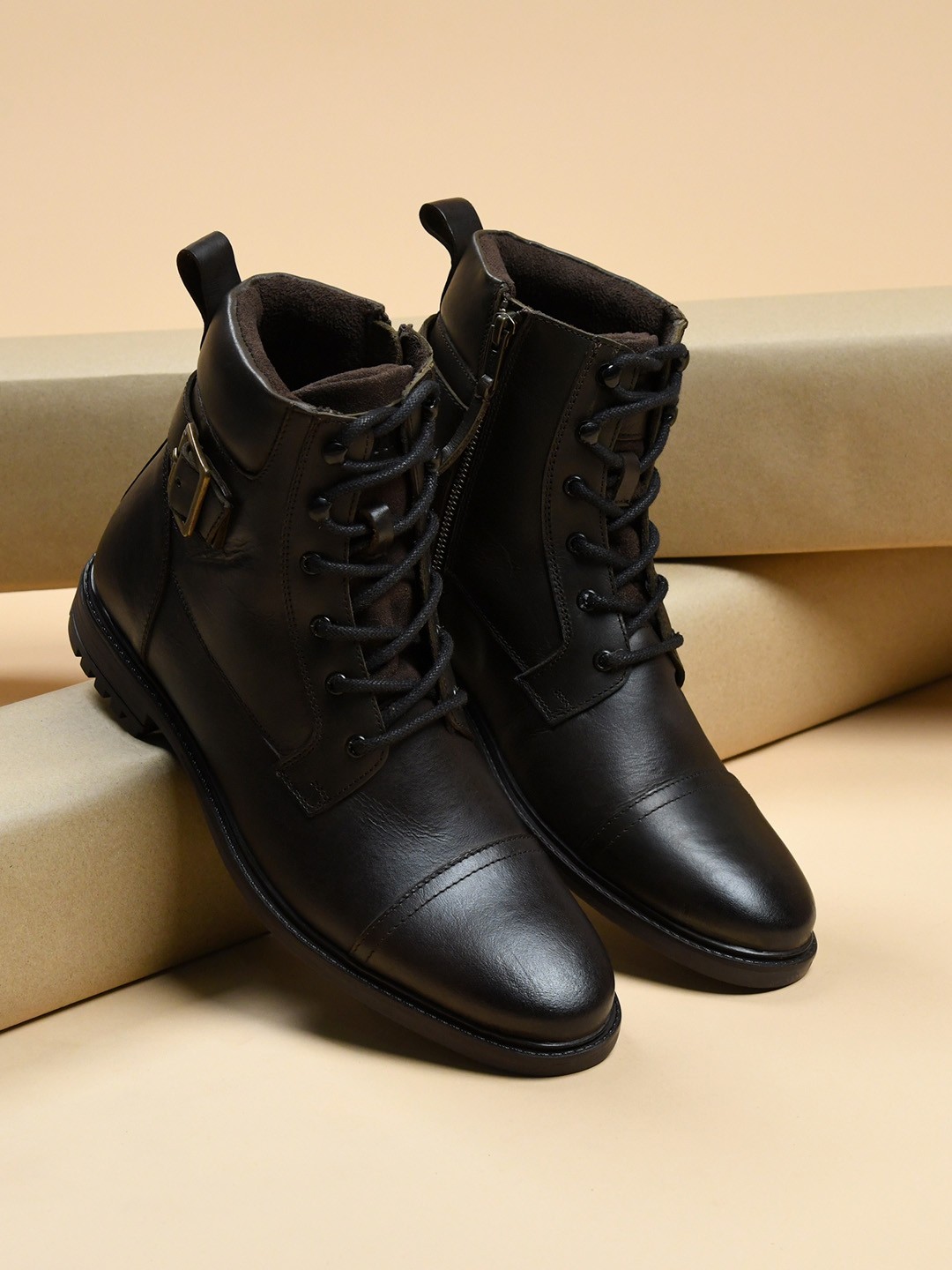 

KICKSFIRE Men Mid Top Block-Heel Pure Leather Regular Boots, Black