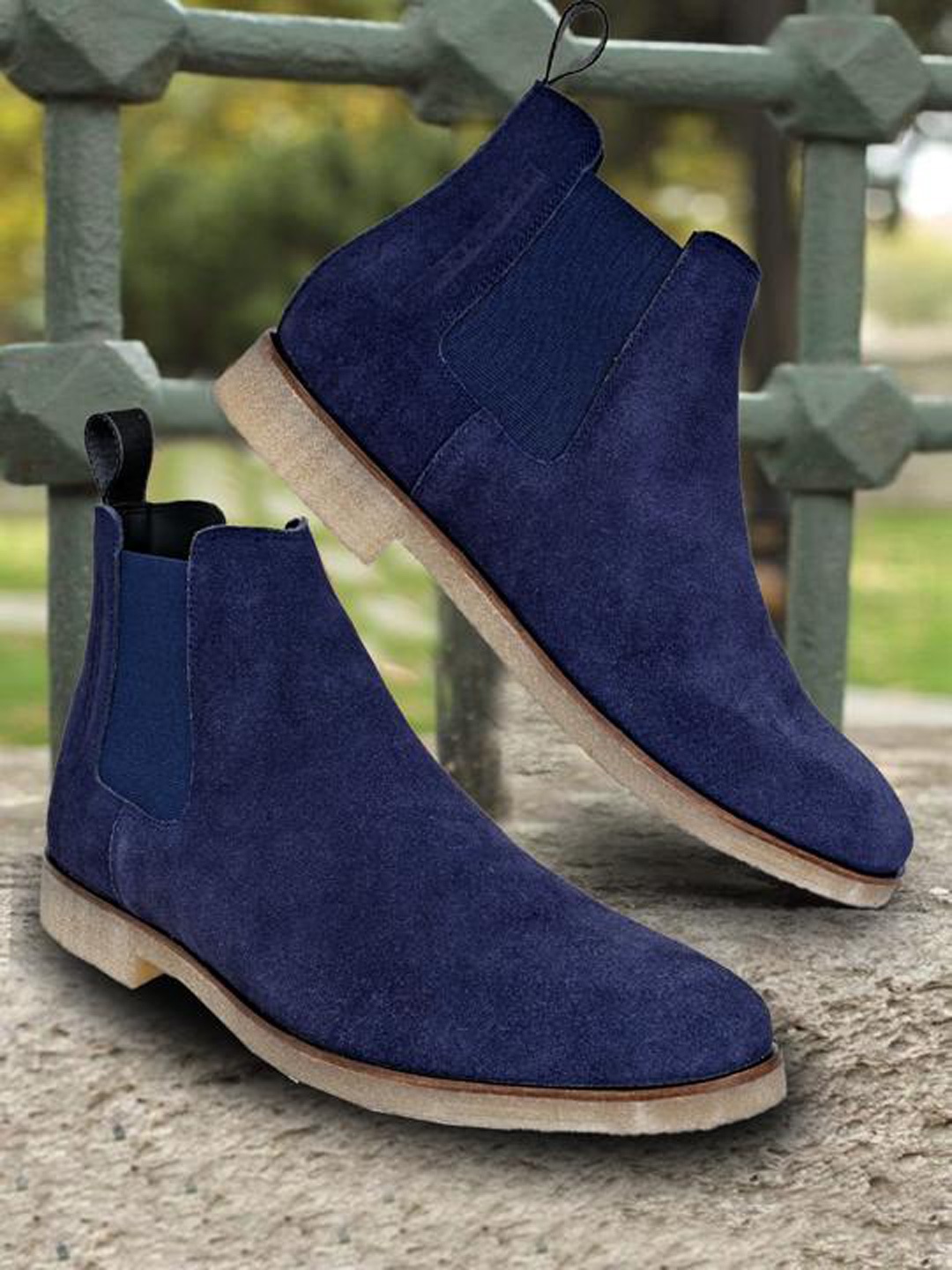 

KICKSFIRE Men Mid Top Block-Heel Pure Leather Chelsea Boots, Blue