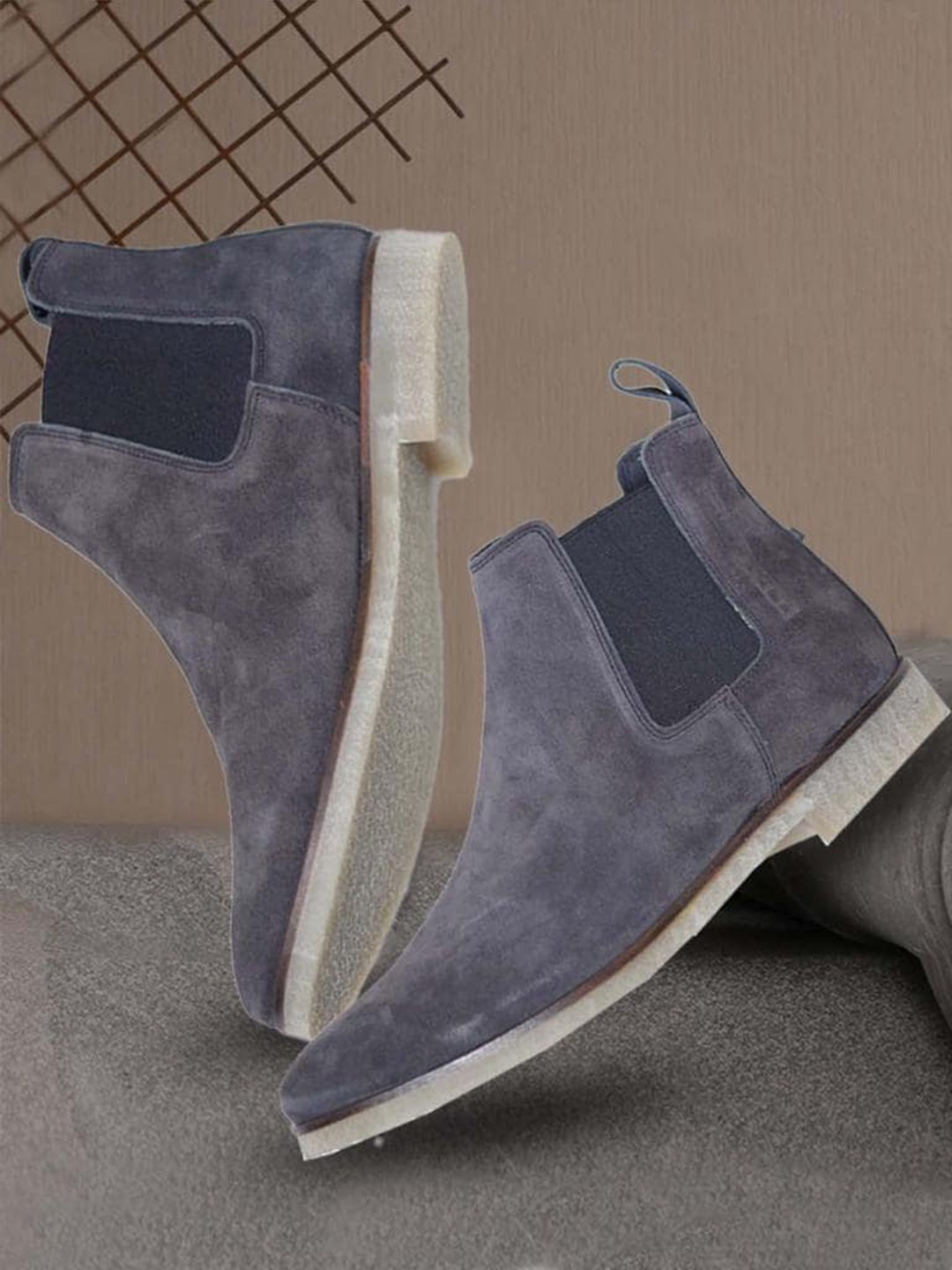 

KICKSFIRE Men Mid Top Block-Heel Pure Leather Chelsea Boots, Grey