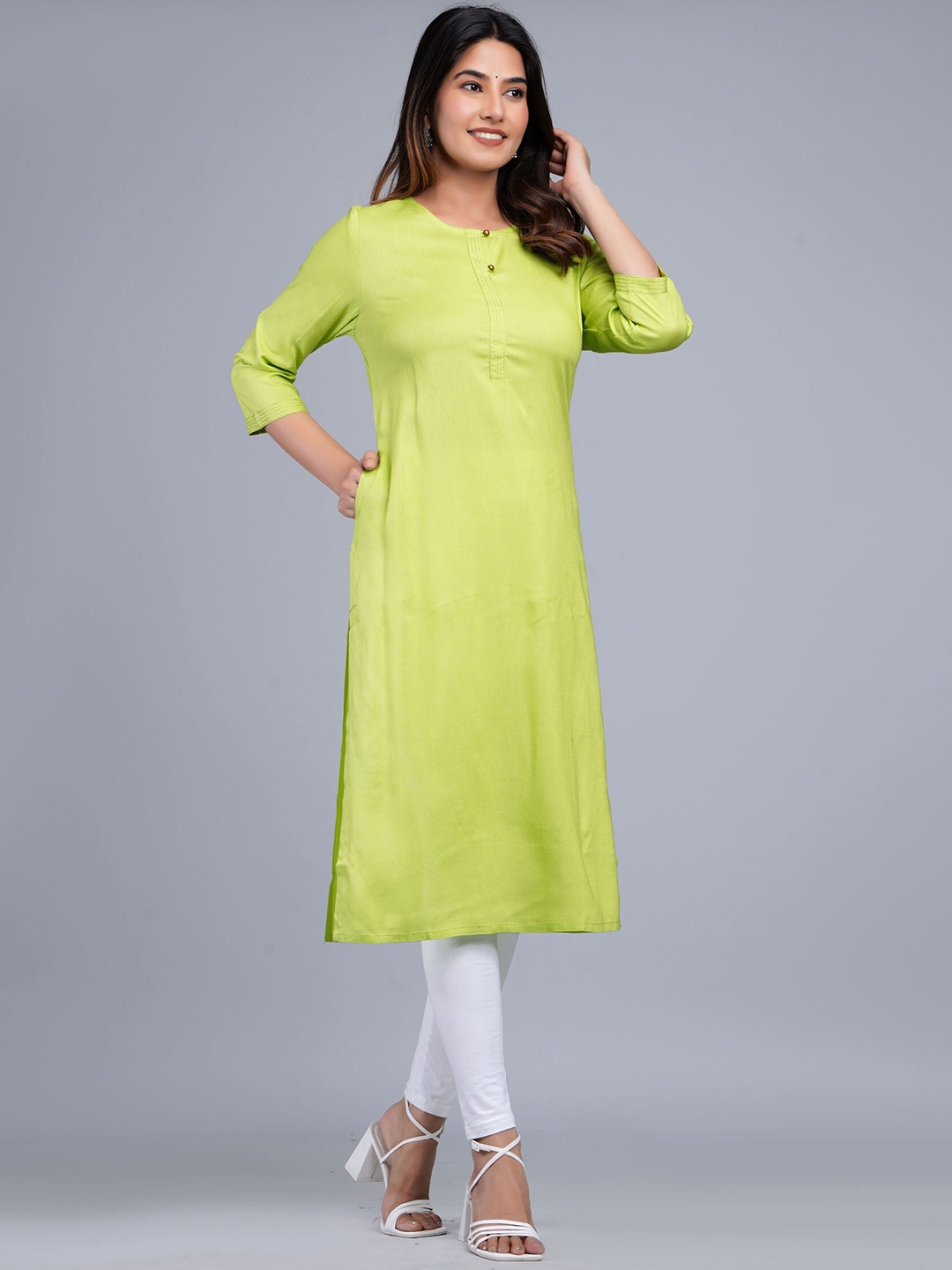 

The Kurta Express Round Neck Straight Thread Work Kurtas, Lime green