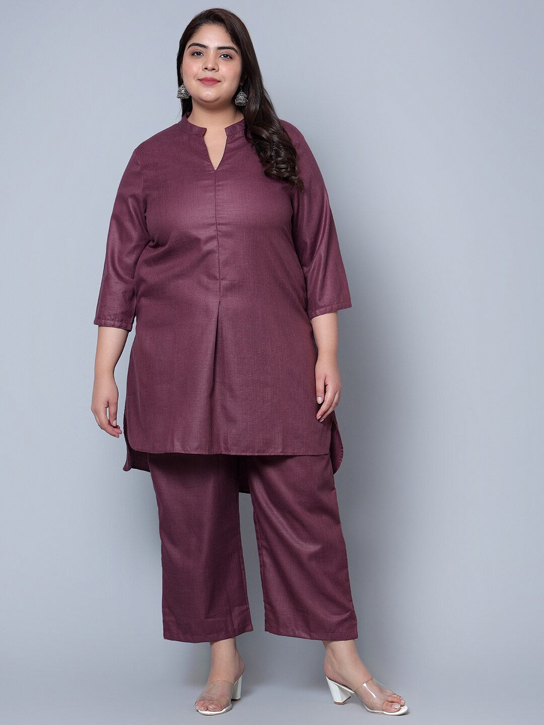 

Bani Women Plus Size Mandarin Collar High-Low Kurta with Palazzos, Burgundy