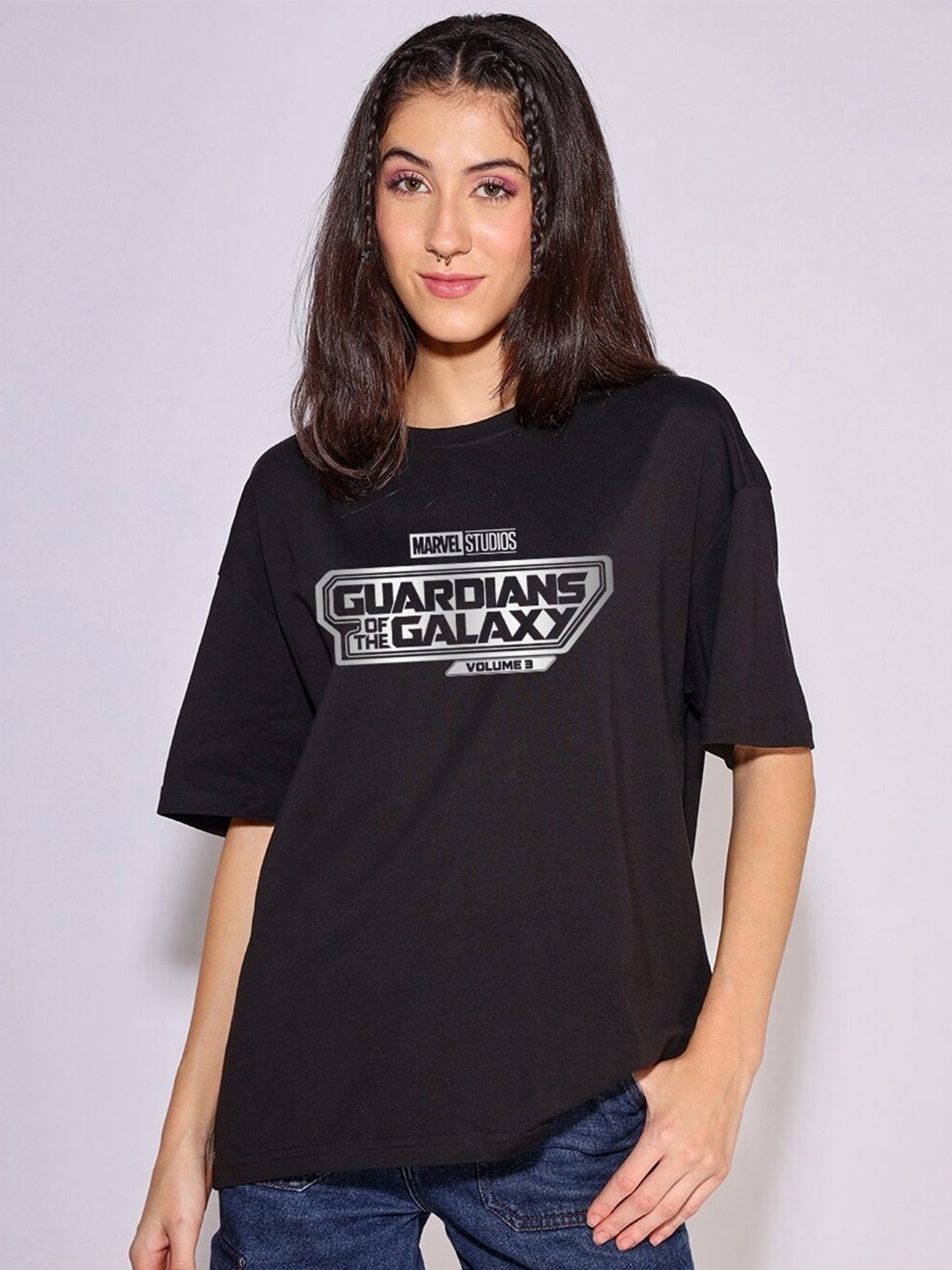 

Bewakoof x OFFICIAL MARVEL MERCHANDISE Women GOTG Logo Graphic Printed Oversized T-shirt, Black