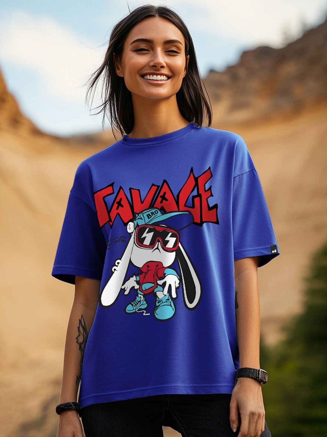 Bewakoof Blue Graphic Printed Drop-Shoulder Sleeves Oversized Cotton T-Shirt