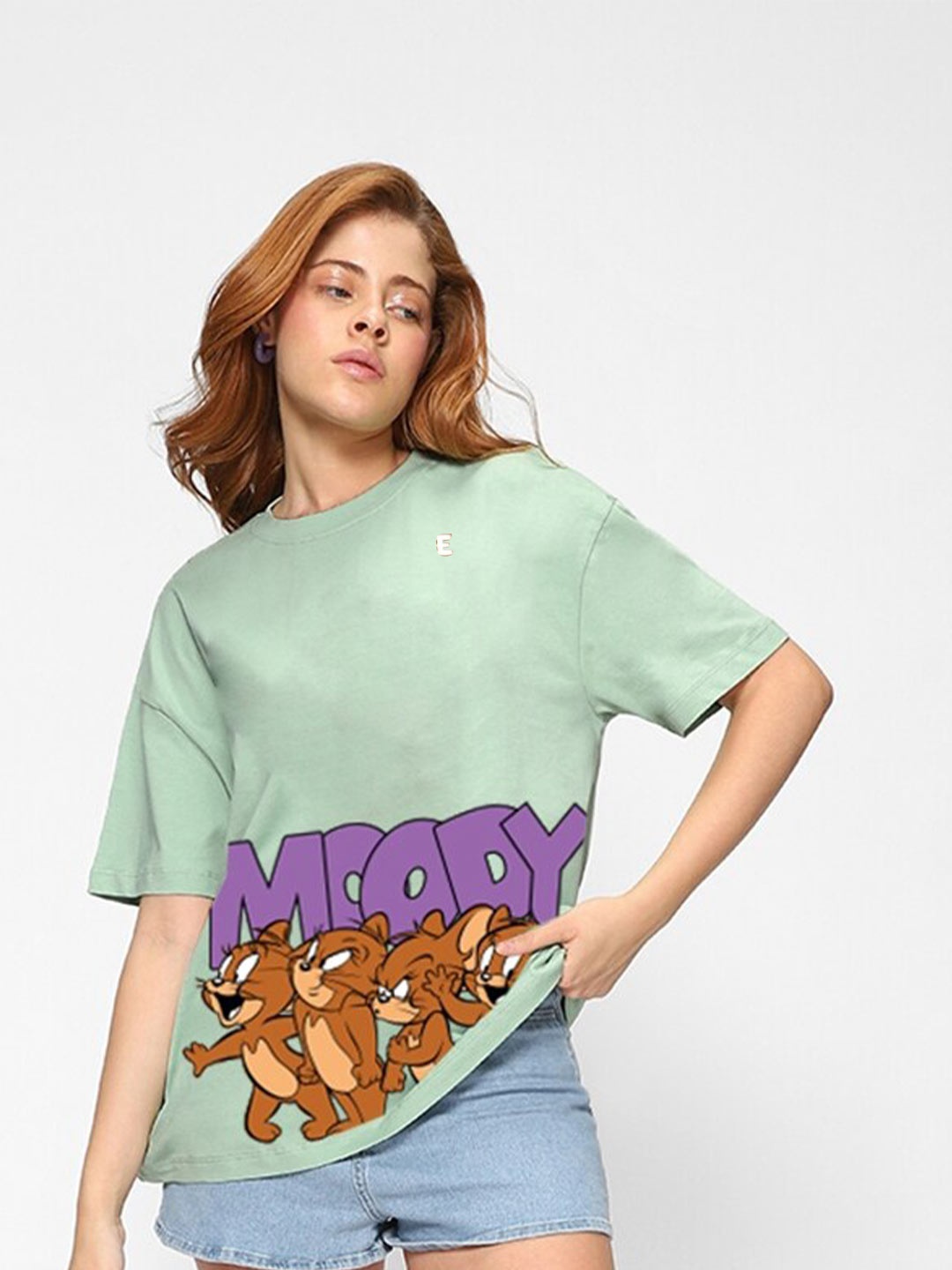 

Bewakoof Green & Purple Jerry Printed Drop-Shoulder Sleeves Cotton Oversized T-shirt