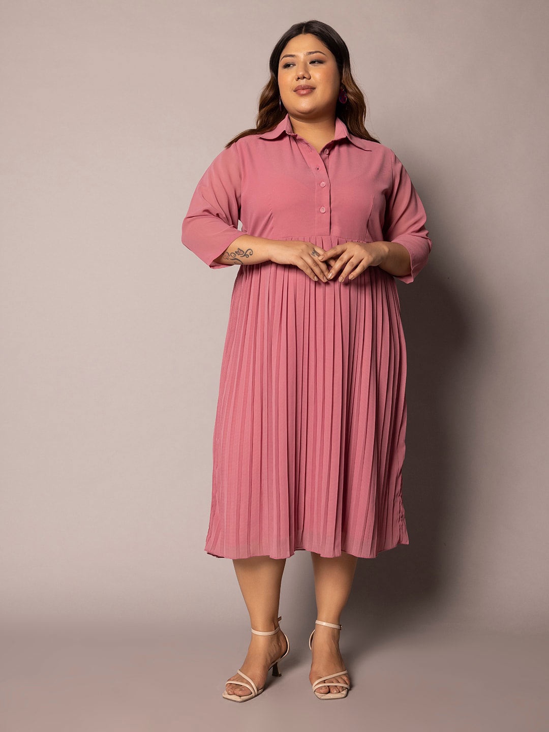 

PowerSutra Plus Size Shirt Collar Accordion Pleats Fit & Flare Midi Dress, Pink