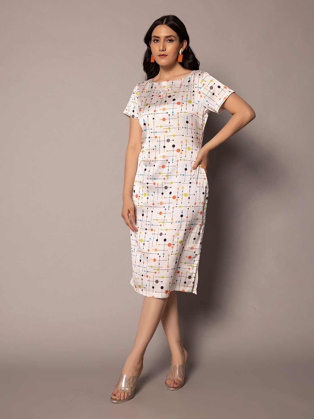 

PowerSutra Geometric Printed Satin Sheath Dress, White