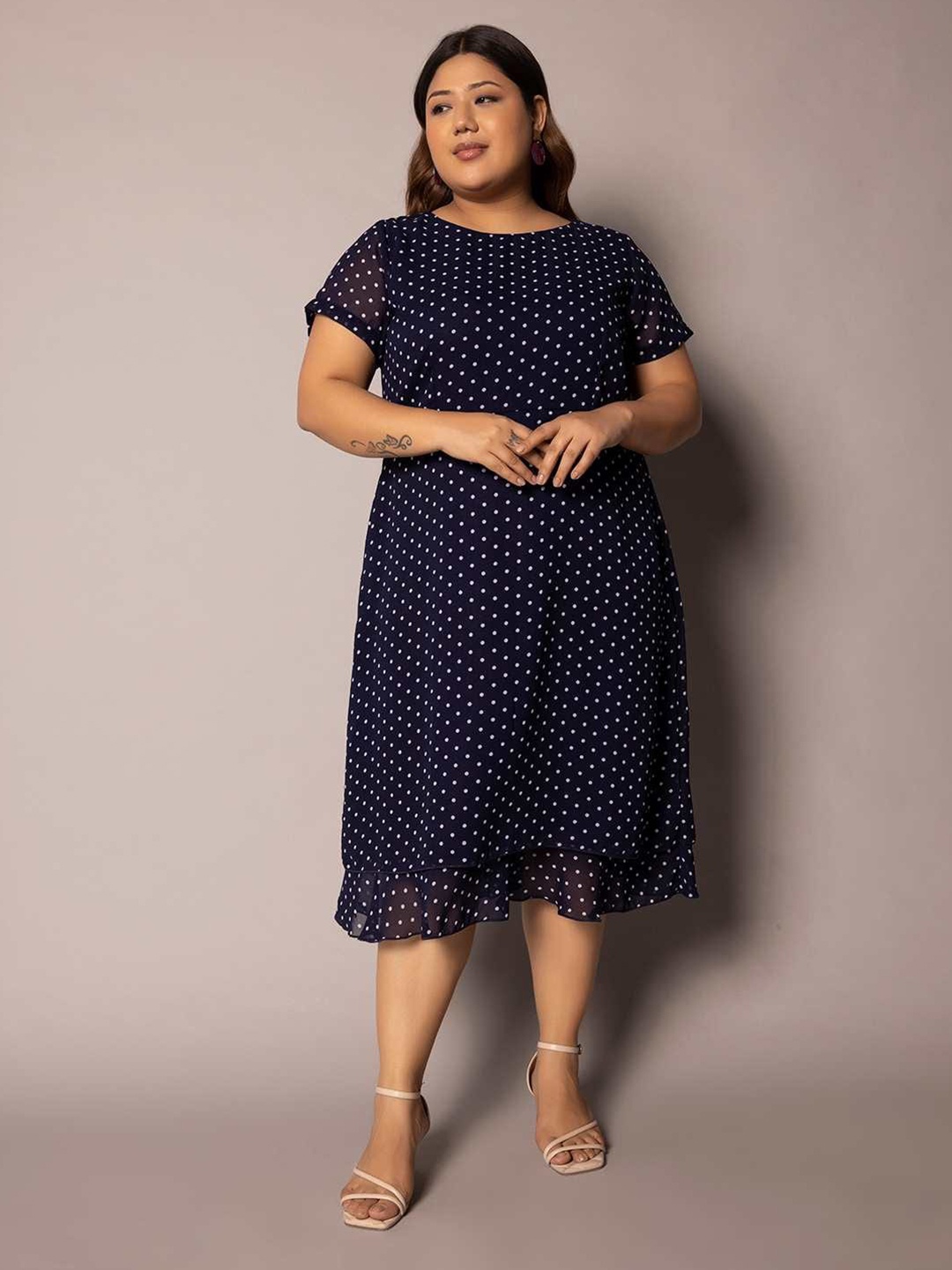 

PowerSutra Plus Size Polka Dot Printed A-Line Midi Dress, Navy blue