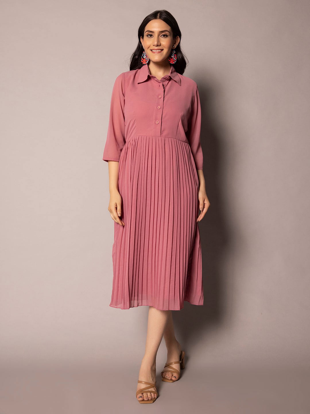

PowerSutra Shirt Collar Accordion Pleats Fit & Flare Midi Dress, Pink