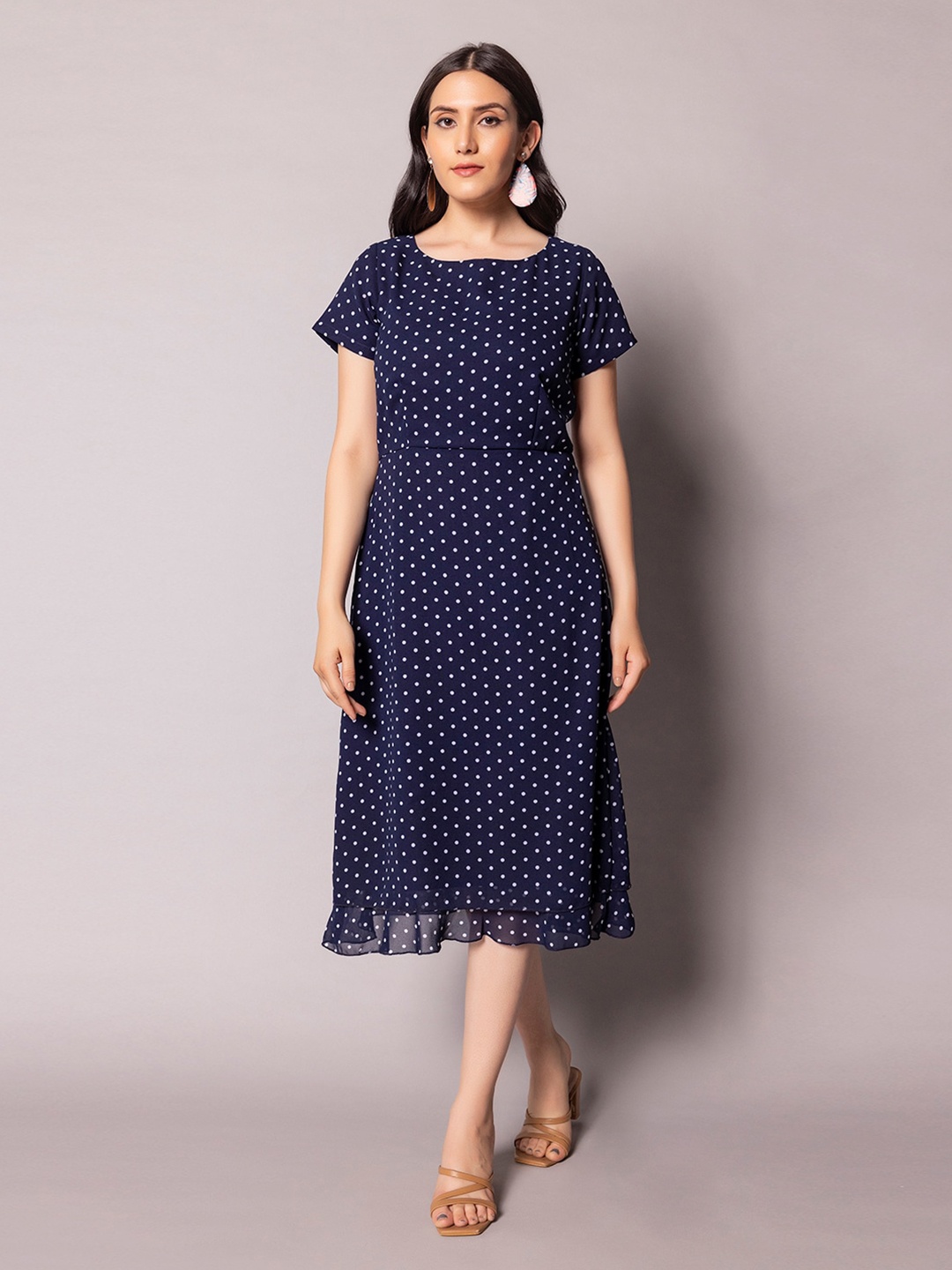 

PowerSutra Polka Dot Printed A-Line Midi Dress, Blue