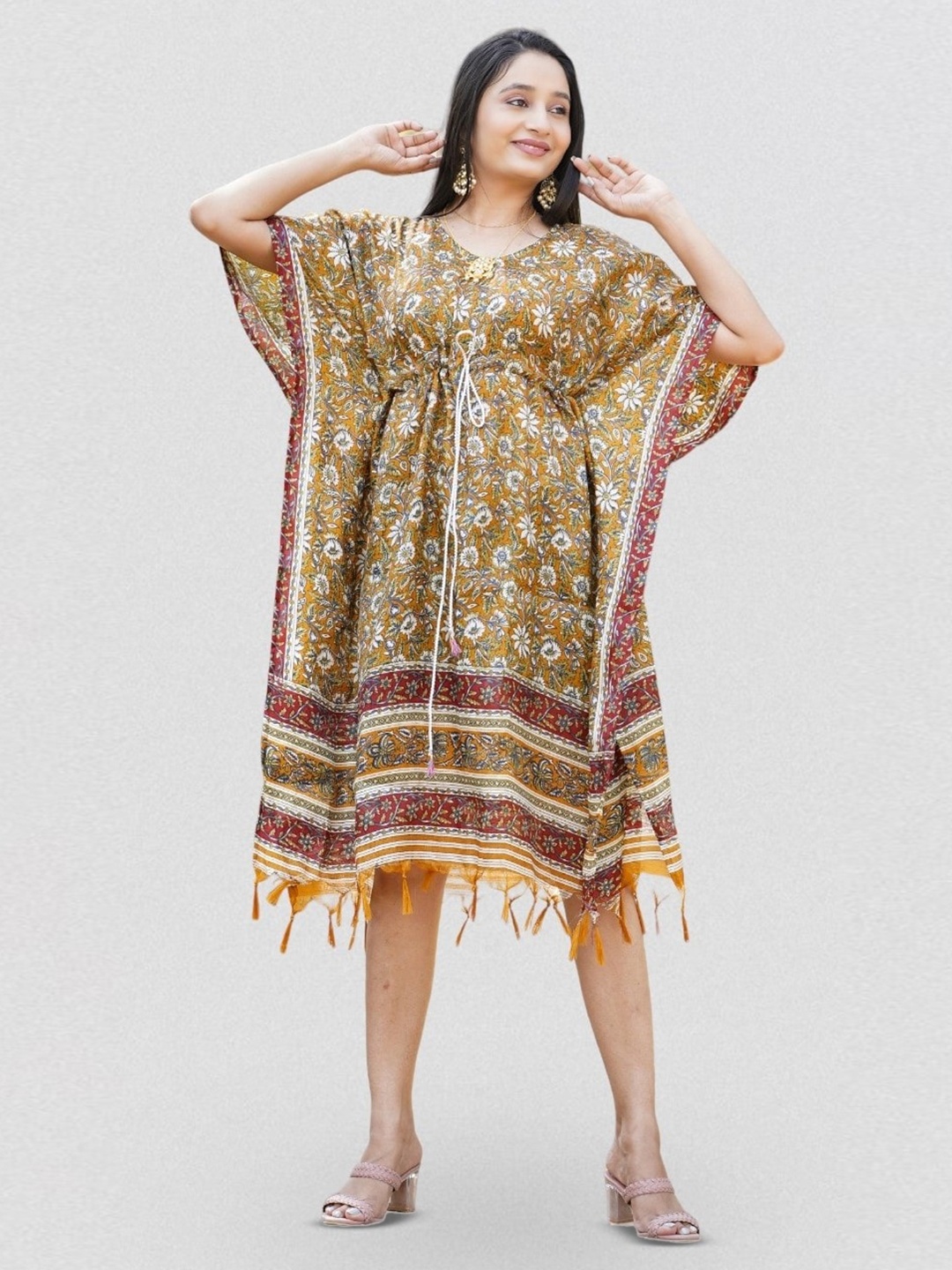 

Kesarya Ethnic Motifs Print Kaftan Dress, Beige