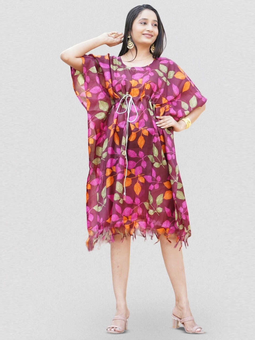 

Kesarya Floral Print Kaftan Cotton Dress, Brown