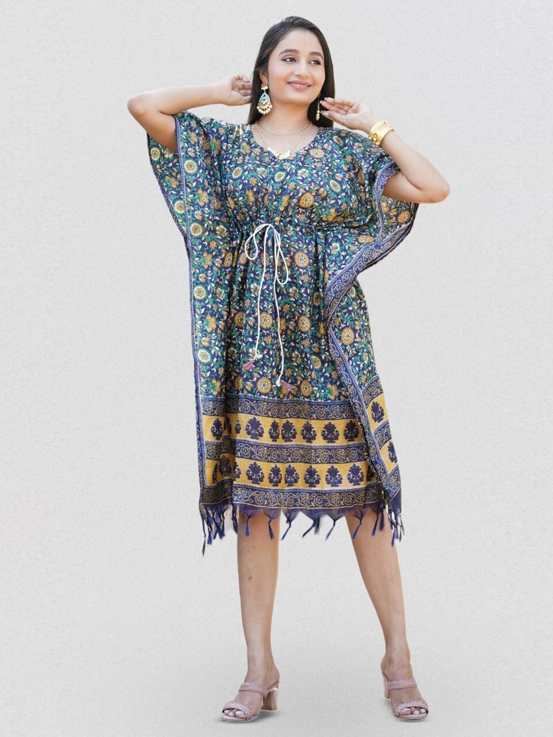 

Kesarya Floral Print Flared Sleeve Kaftan Cotton Dress, Blue