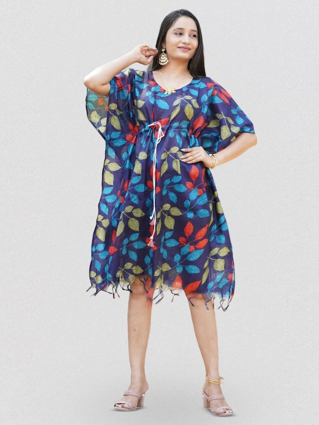 

Kesarya Floral Print Kimono Sleeve A-Line Dress, Blue