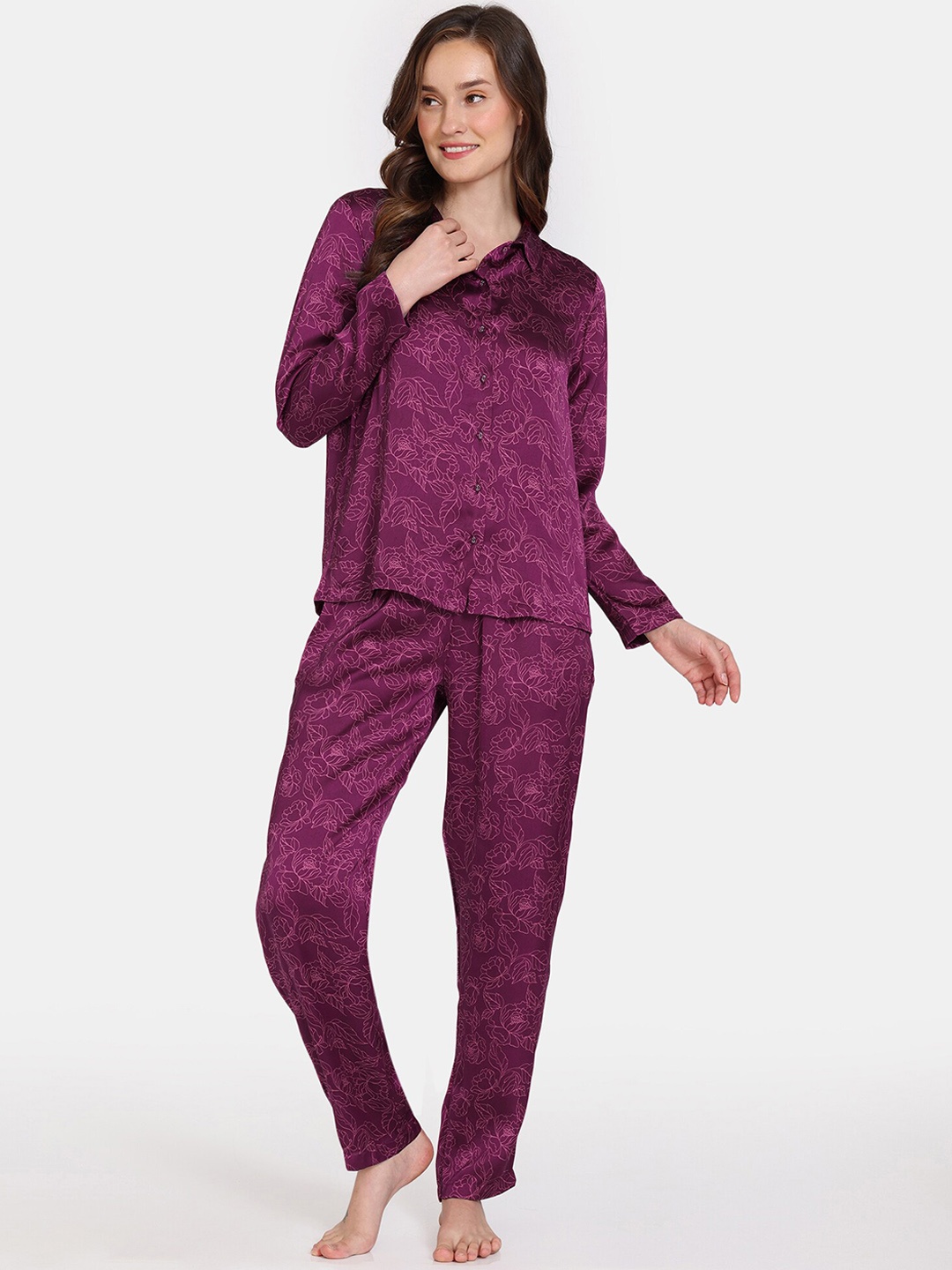 

Zivame Floral Printed Night Suit, Purple