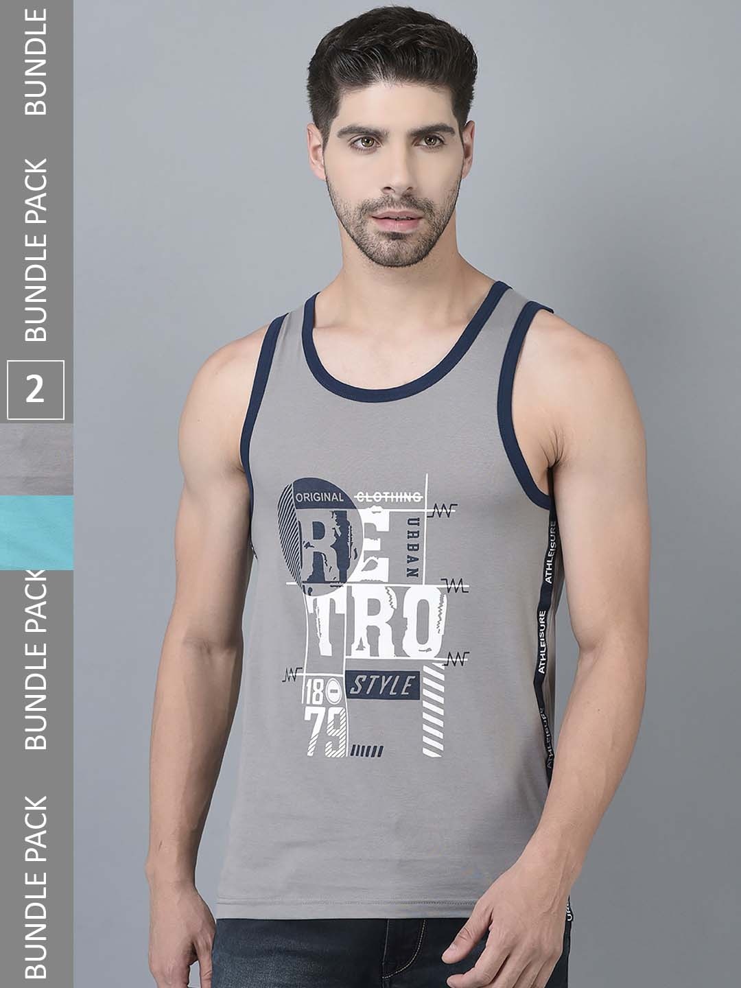 

Dollar Pack Of 2 Typography Printed Pure Cotton Gym Vests, Grey