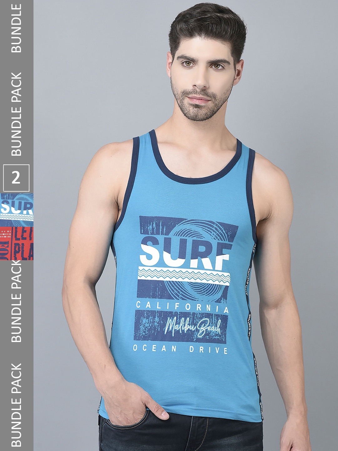 

Dollar Pack Of 2 Typography Printed Pure Cotton Gym Vests, Blue