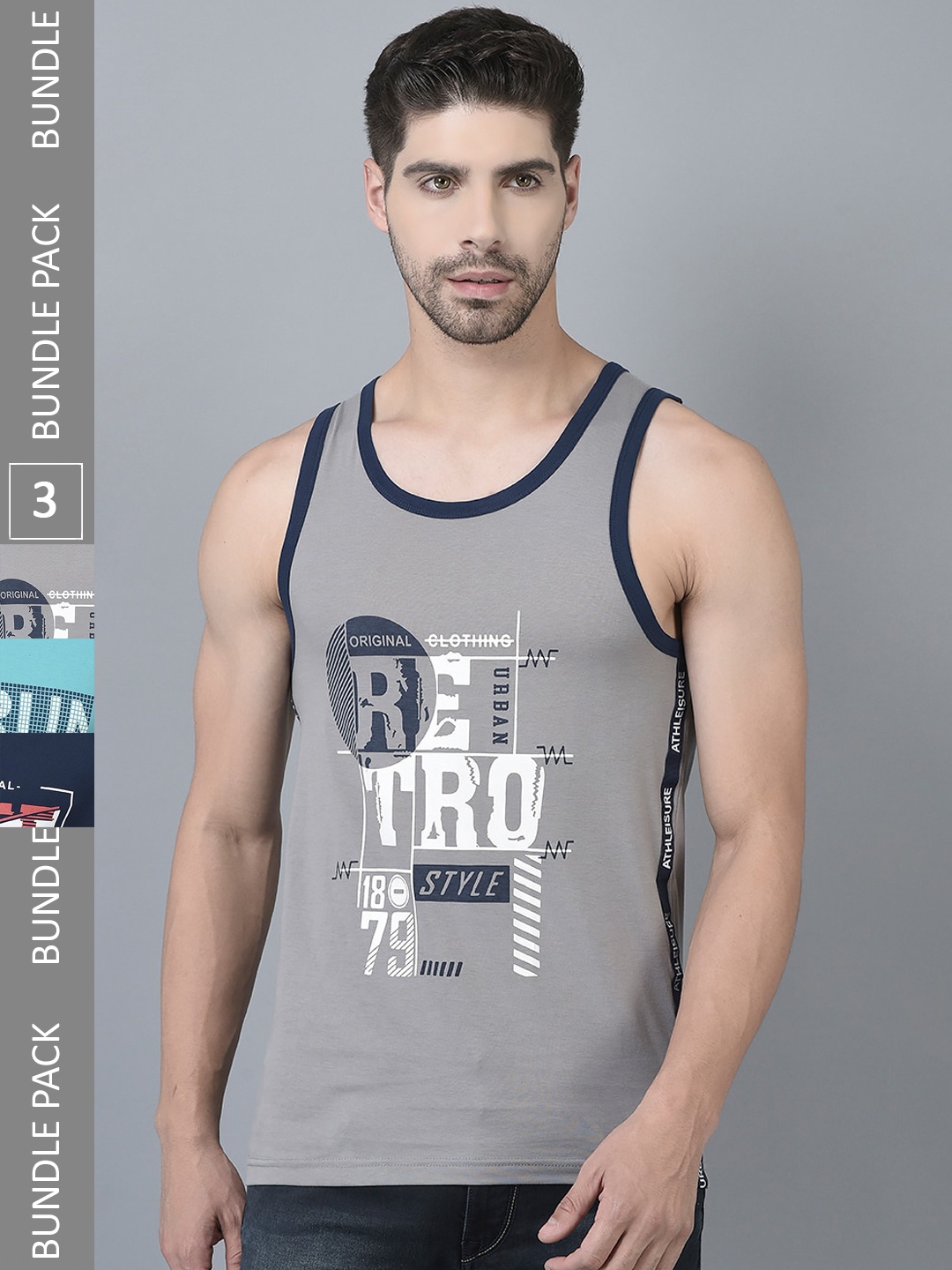 

Dollar Pack Of 3 Typography Printed Pure Cotton Gym Vests, Grey