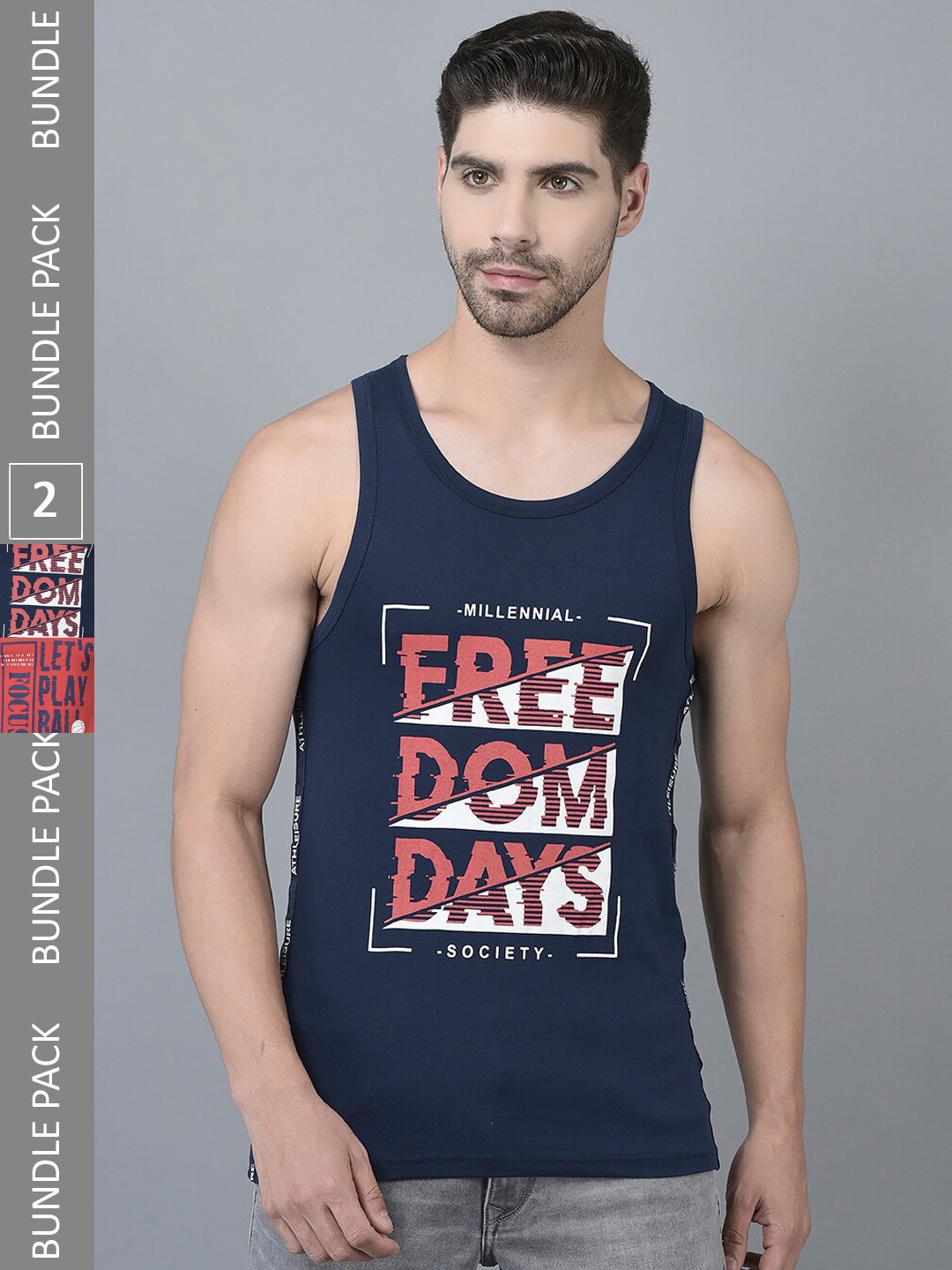 

Dollar Pack Of 2 Typography Printed Pure Cotton Gym Vests, Navy blue