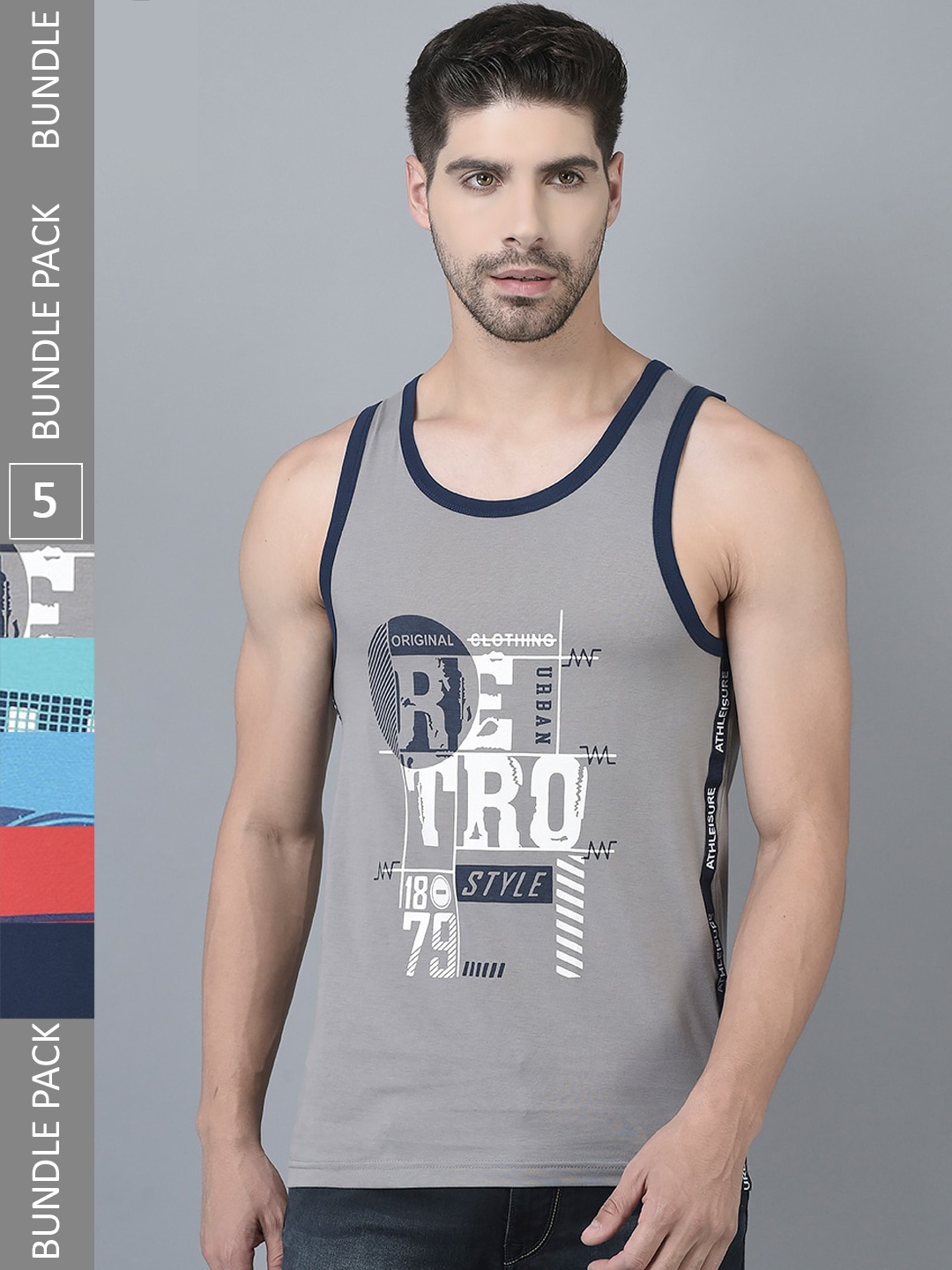 

Dollar Pack Of 5 Typography Printed Pure Cotton Gym Vests, Grey