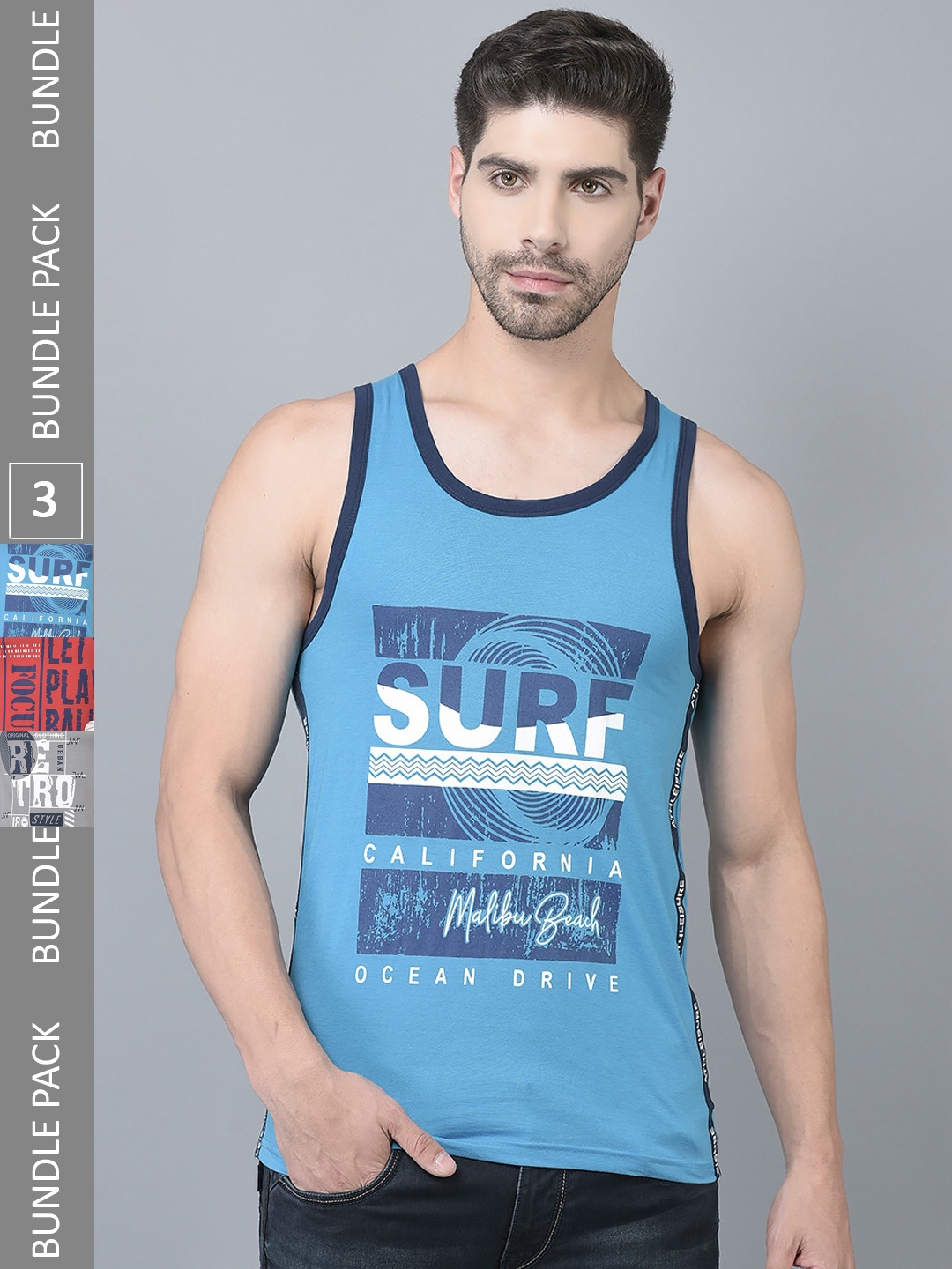 

Dollar Pack Of 3 Typography Printed Pure Cotton Gym Vests, Blue
