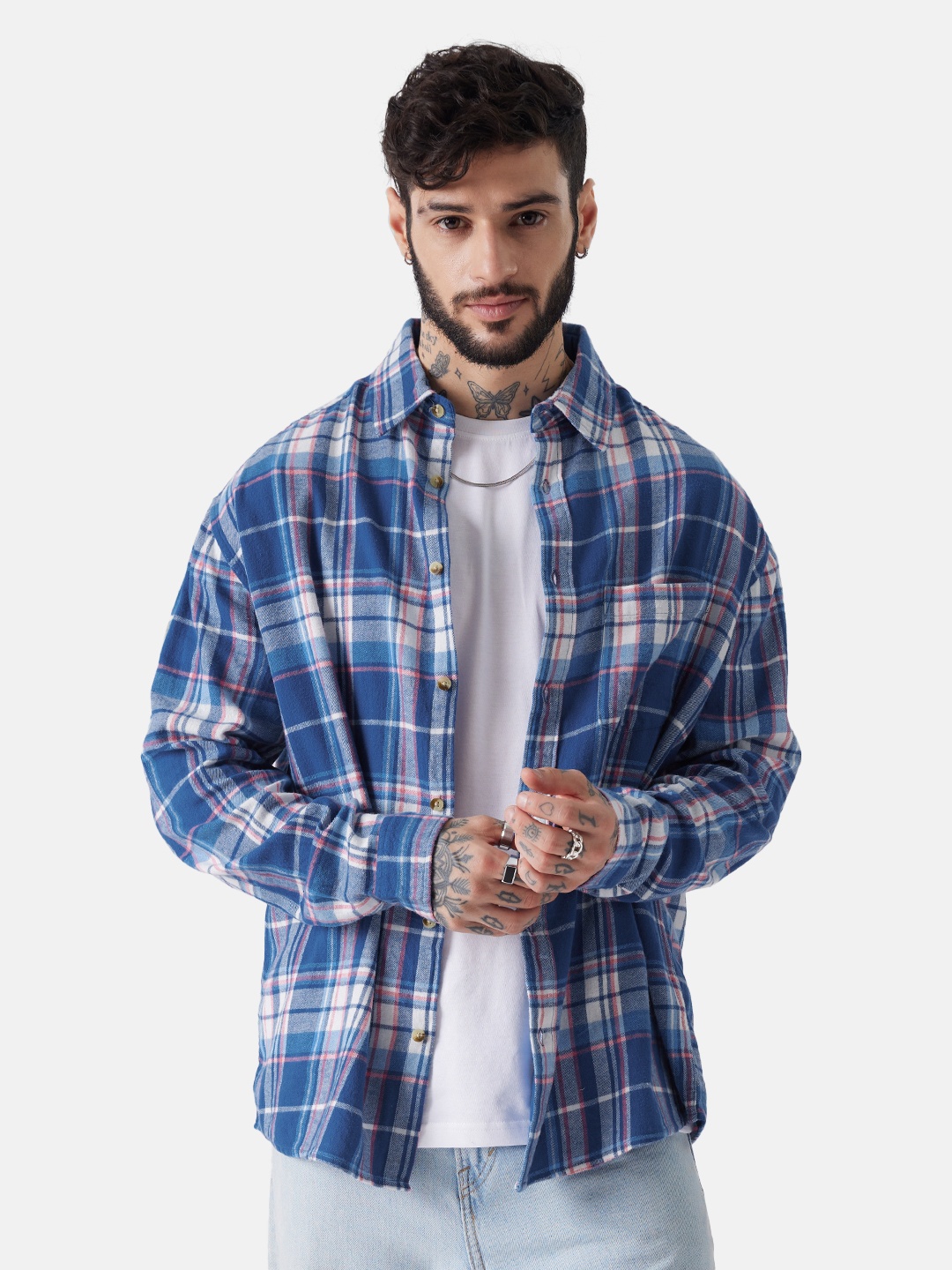 

The Souled Store Blue & White Tartan Checked Pure Cotton Casual Shirt