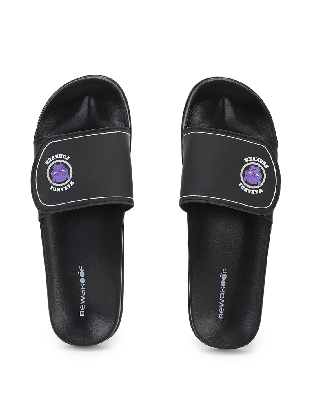 

Bewakoof Men Black And White Wakanda Forever Printed Sliders