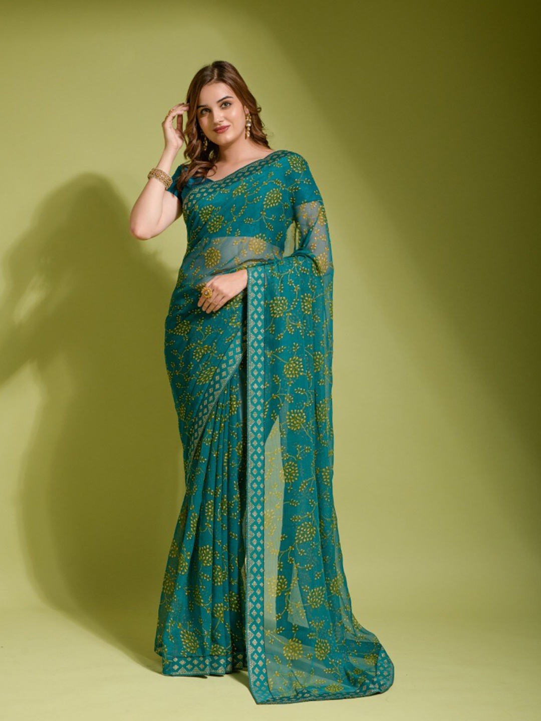 

VEERAX Ethnic Motifs Printed Zari Pure Georgette Saree, Turquoise blue