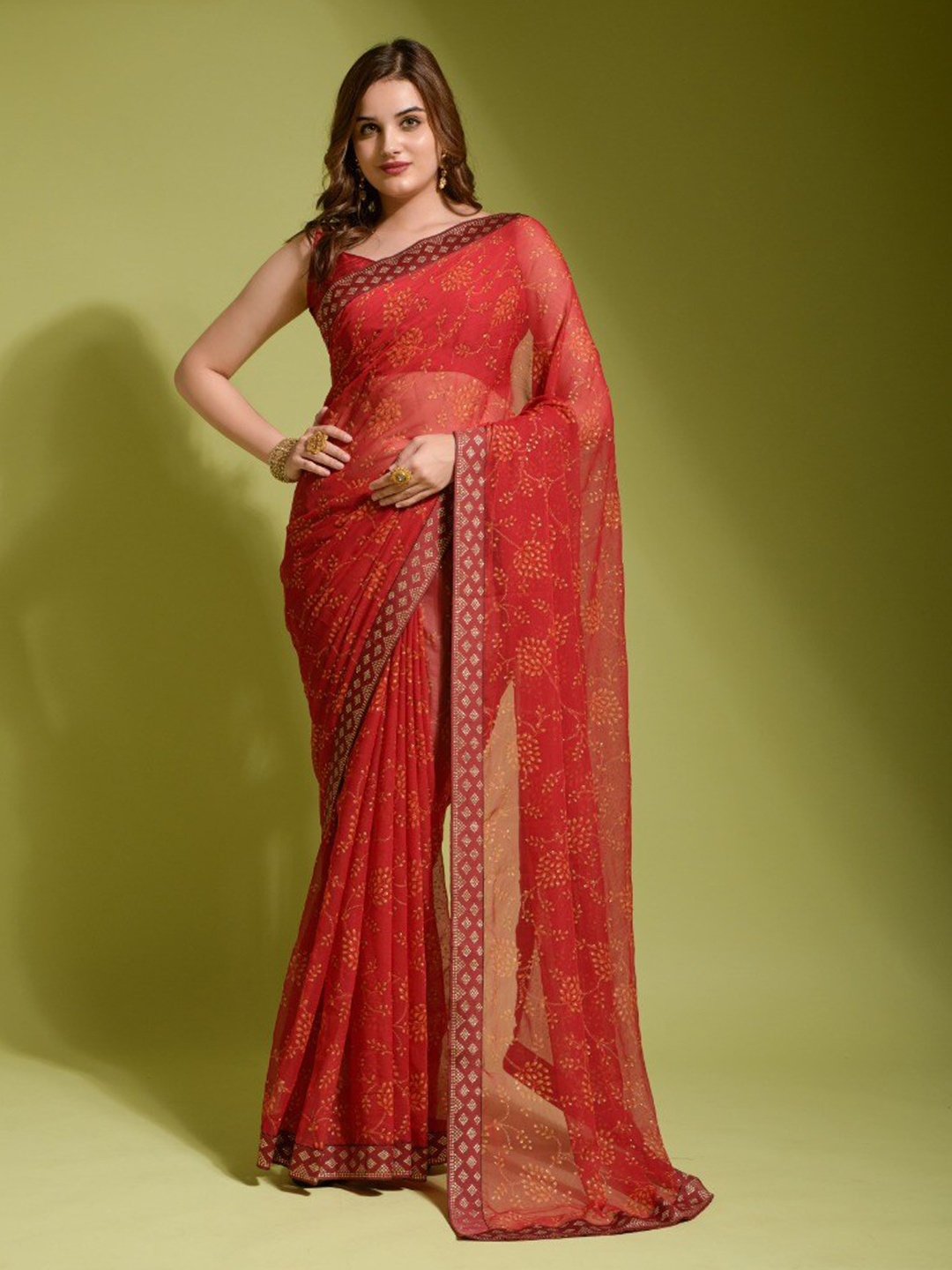 

VEERAX Ethnic Printed Zari Pure Georgette Saree, Red