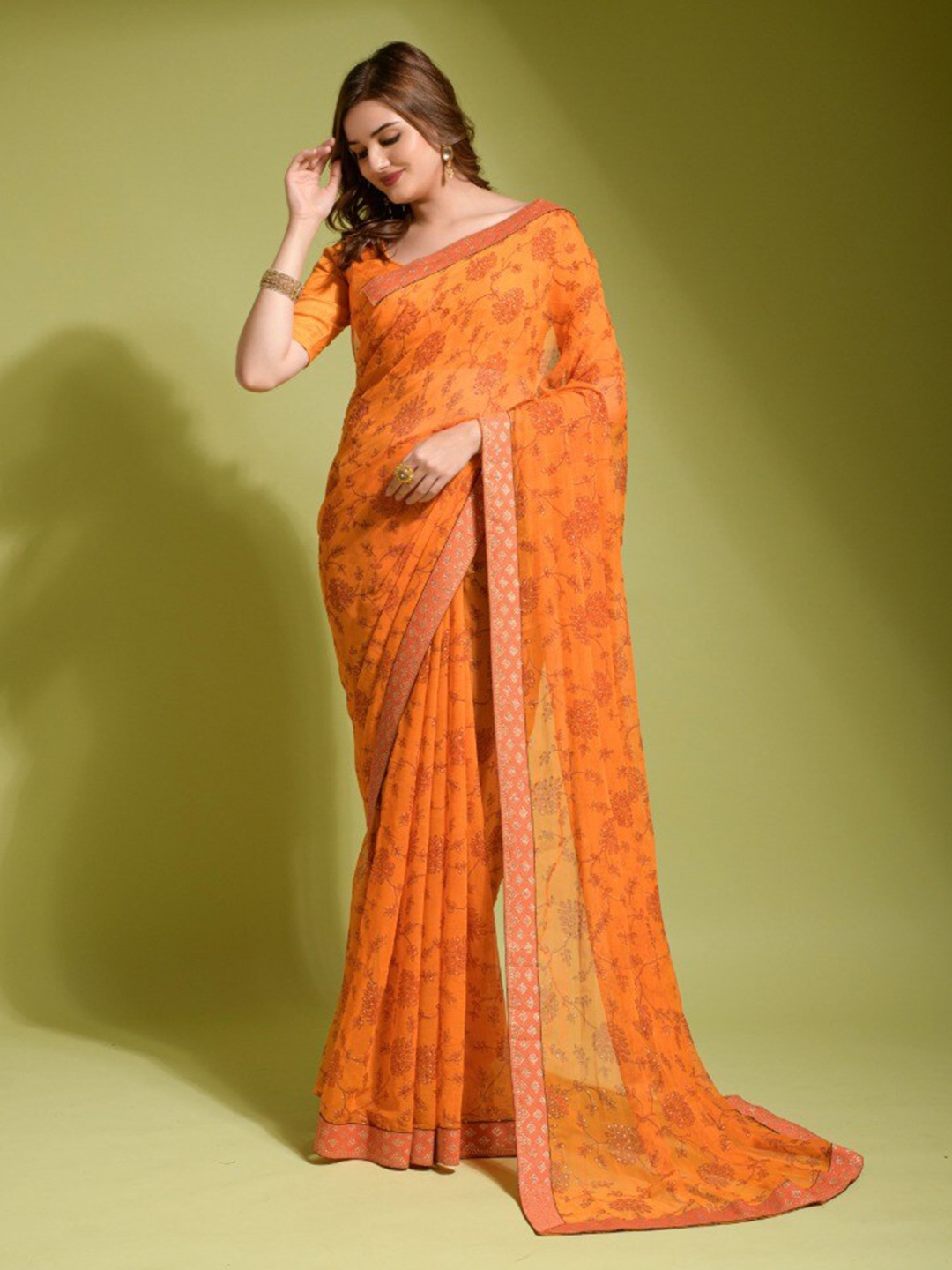 

VEERAX Floral Printed Pure Georgette Saree, Orange