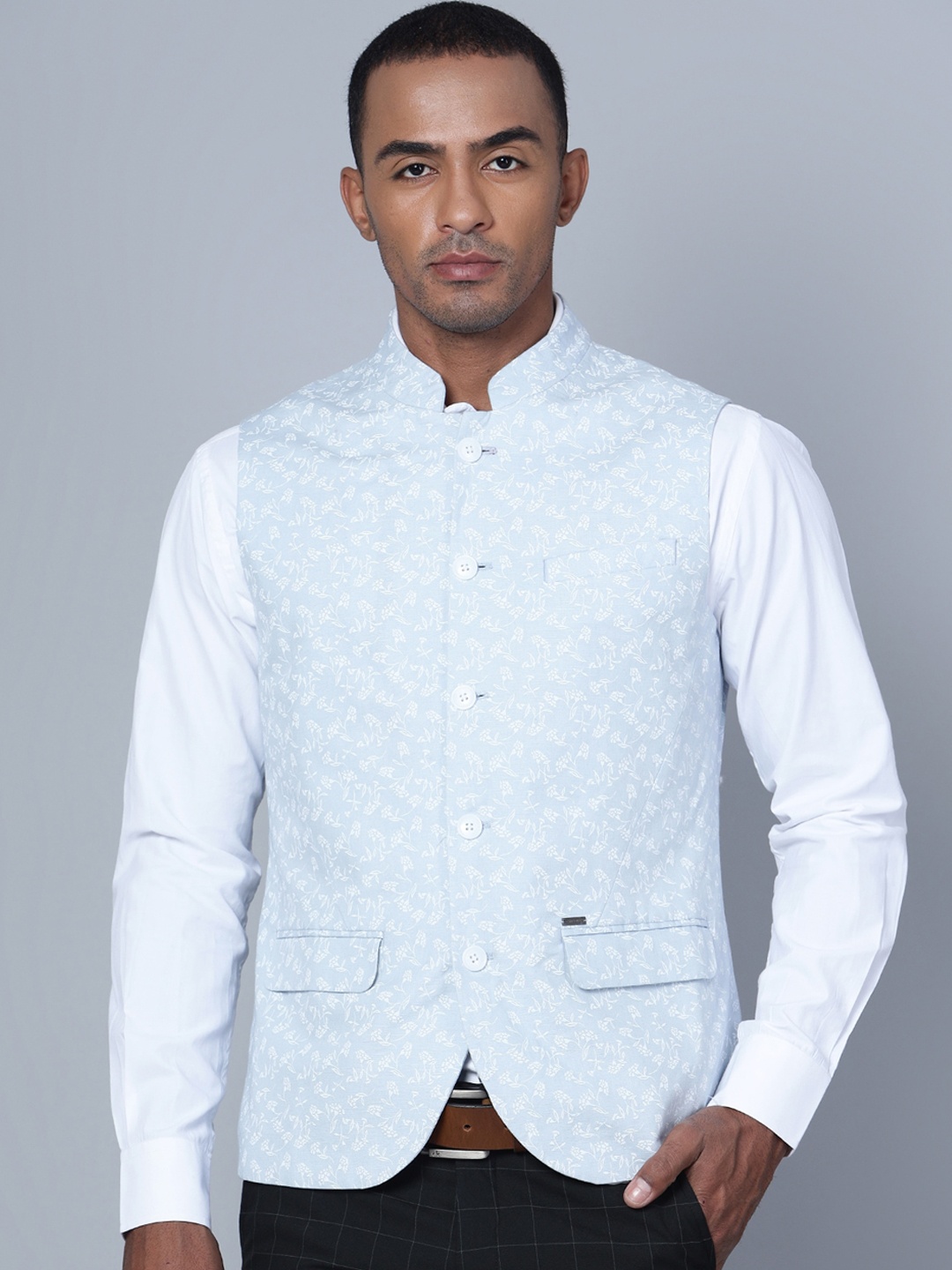 

Cantabil Floral Printed Cotton Linen Nehru Jacket, Blue