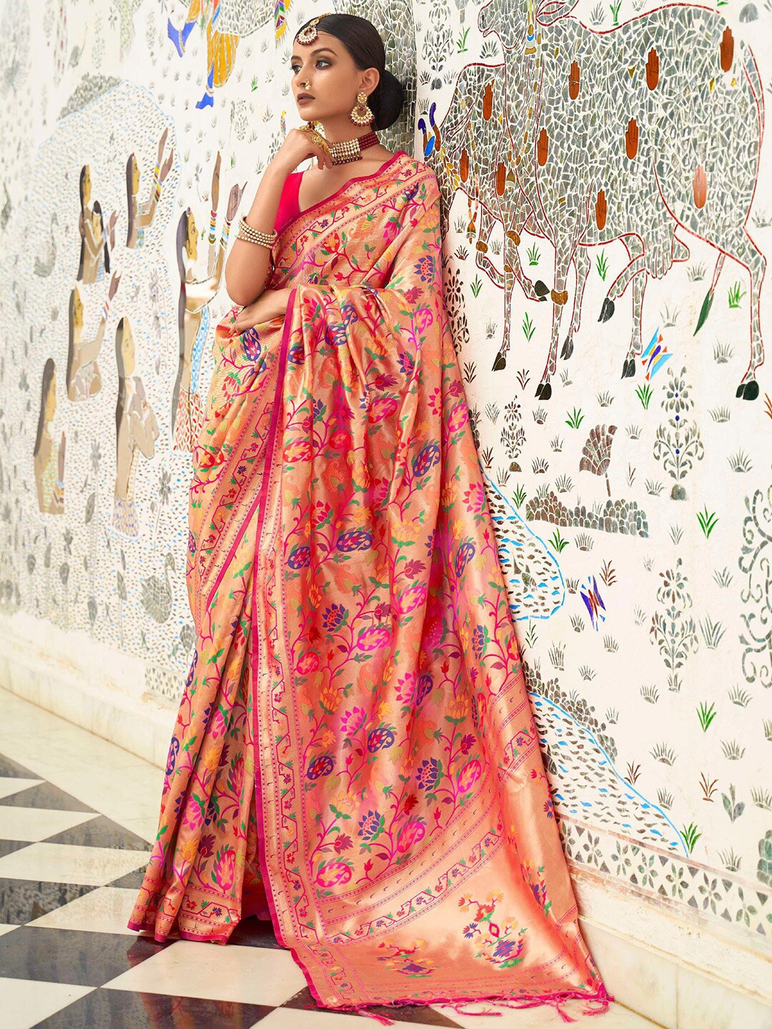 

KARAGIRI Floral Woven Design Zari Pure Silk Paithani Saree, Peach