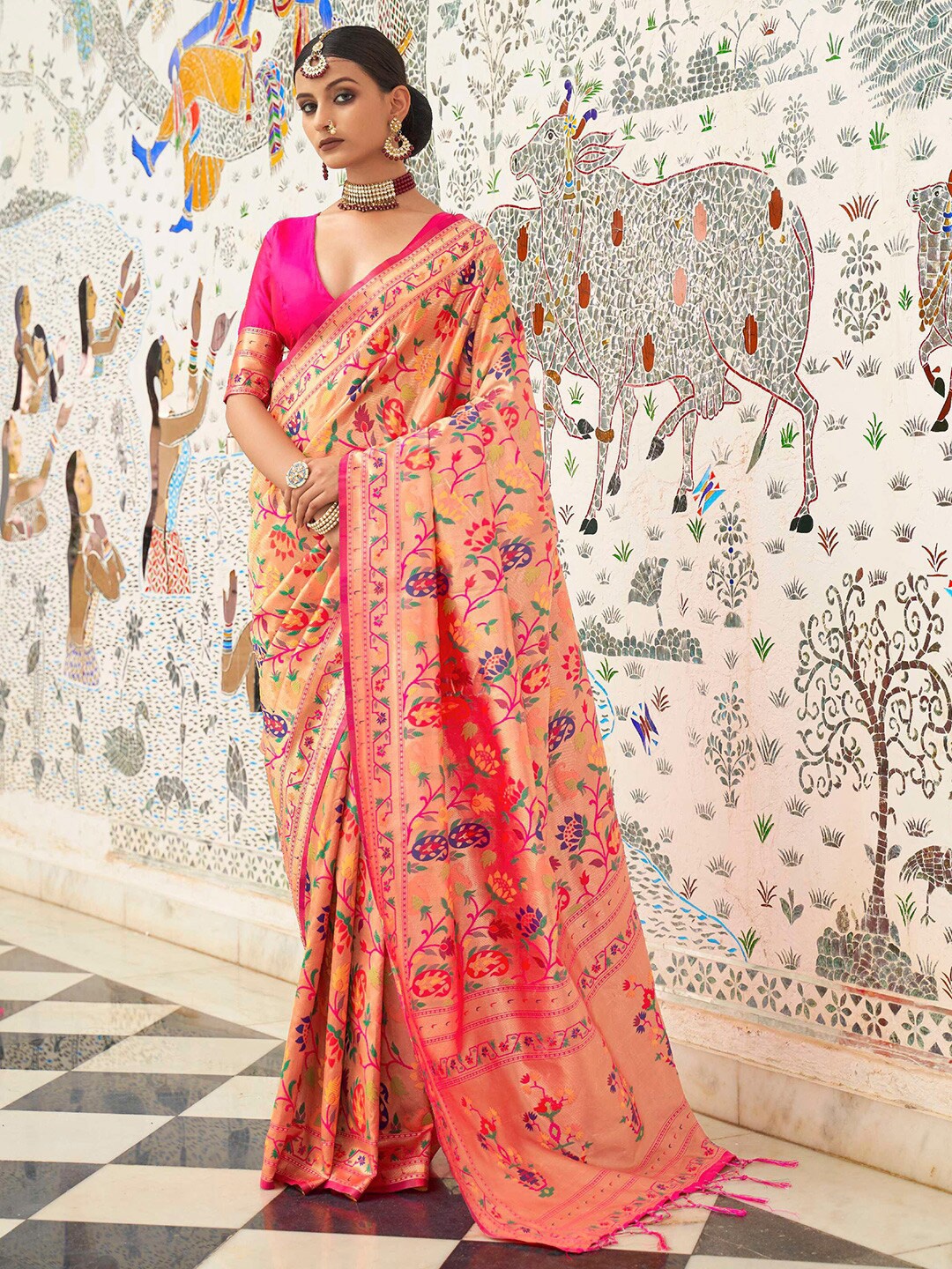 

KARAGIRI Floral Woven Design Zari Pure Silk Paithani Saree, Orange
