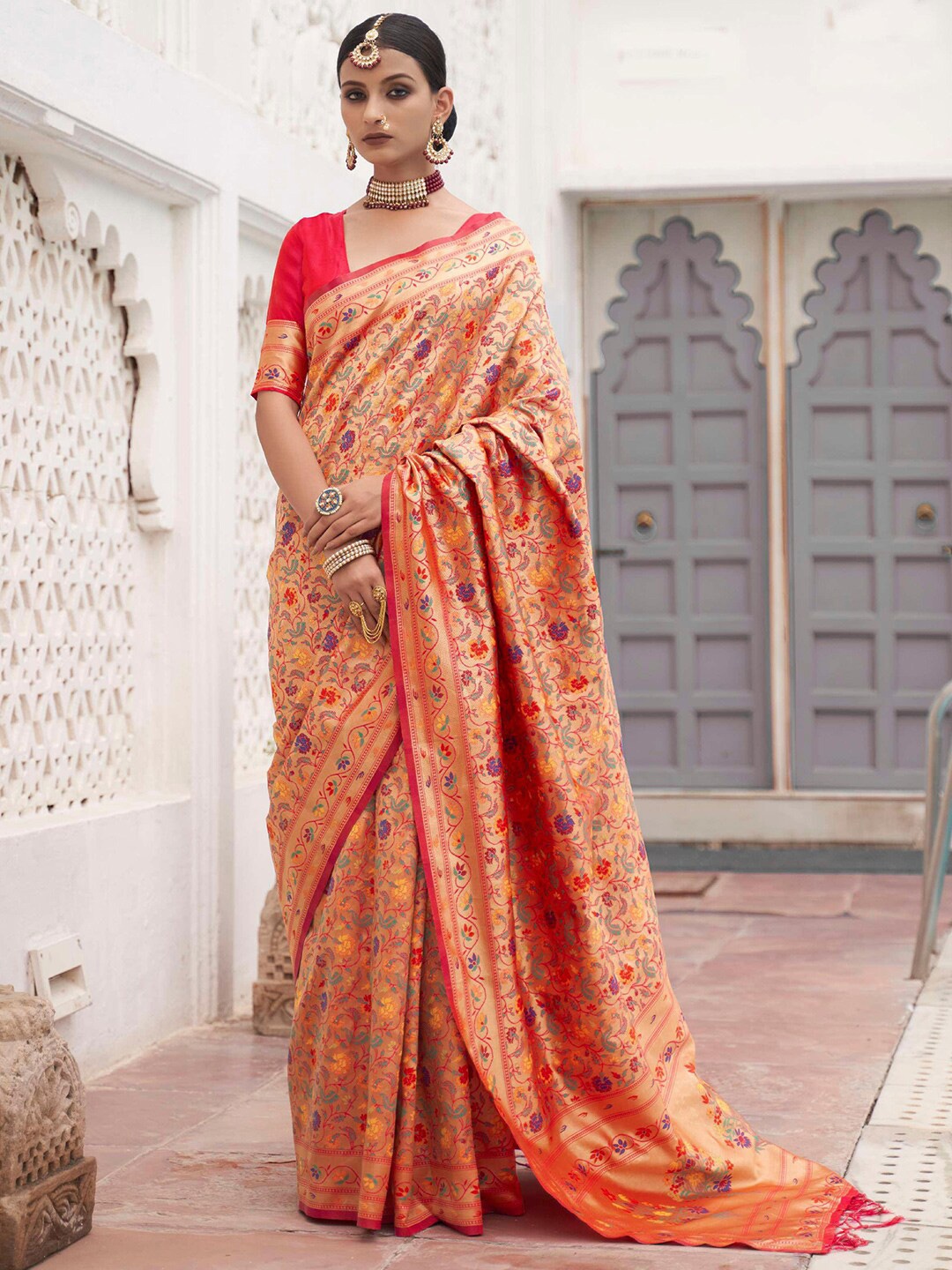 

KARAGIRI Floral Woven Design Zari Pure Silk Paithani Saree, Orange