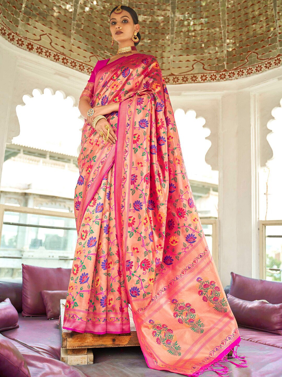 

KARAGIRI Floral Woven Design Zari Pure Silk Paithani Saree, Peach