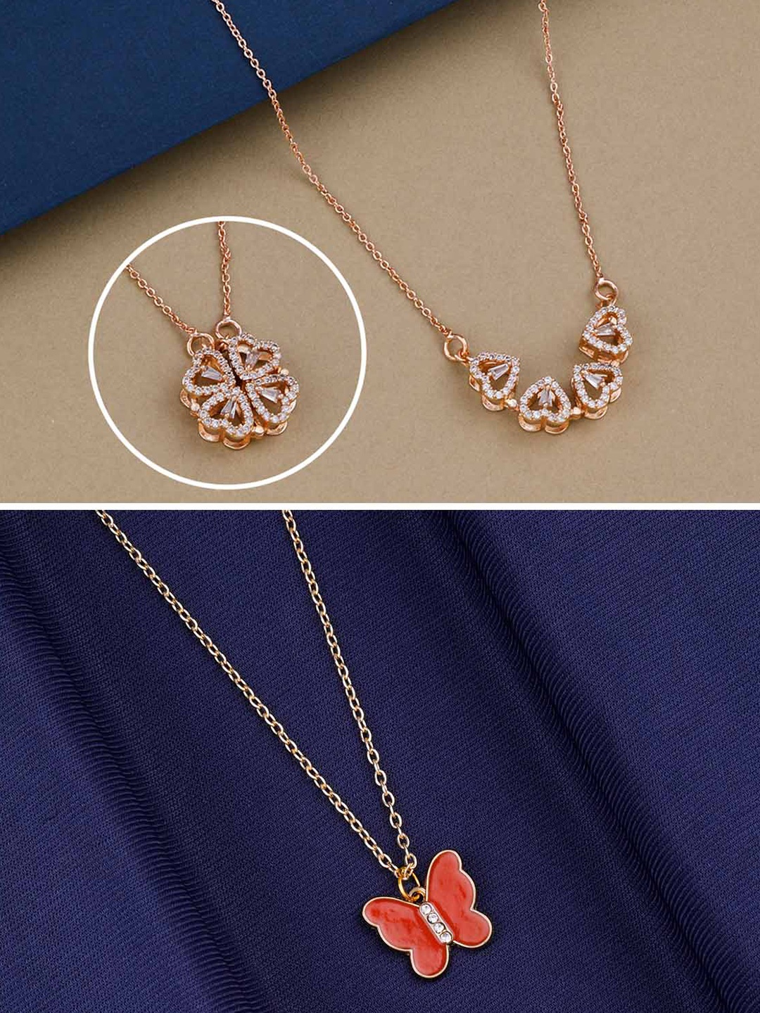 

Silver Shine Set Of 2 Gold-Plated Butterfly & Clover Open Hearts Pendant Chains