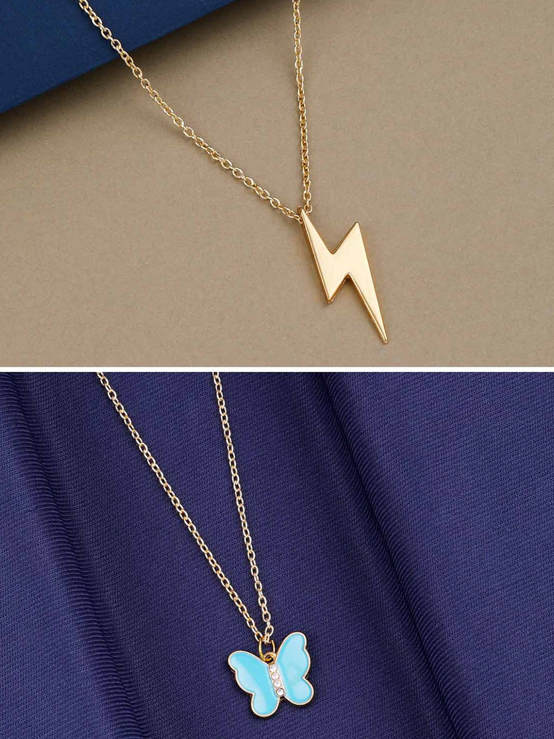 

Silver Shine Set Of 2 Gold-Plated Butterfly & Zig Zag Flash Pendant Chains
