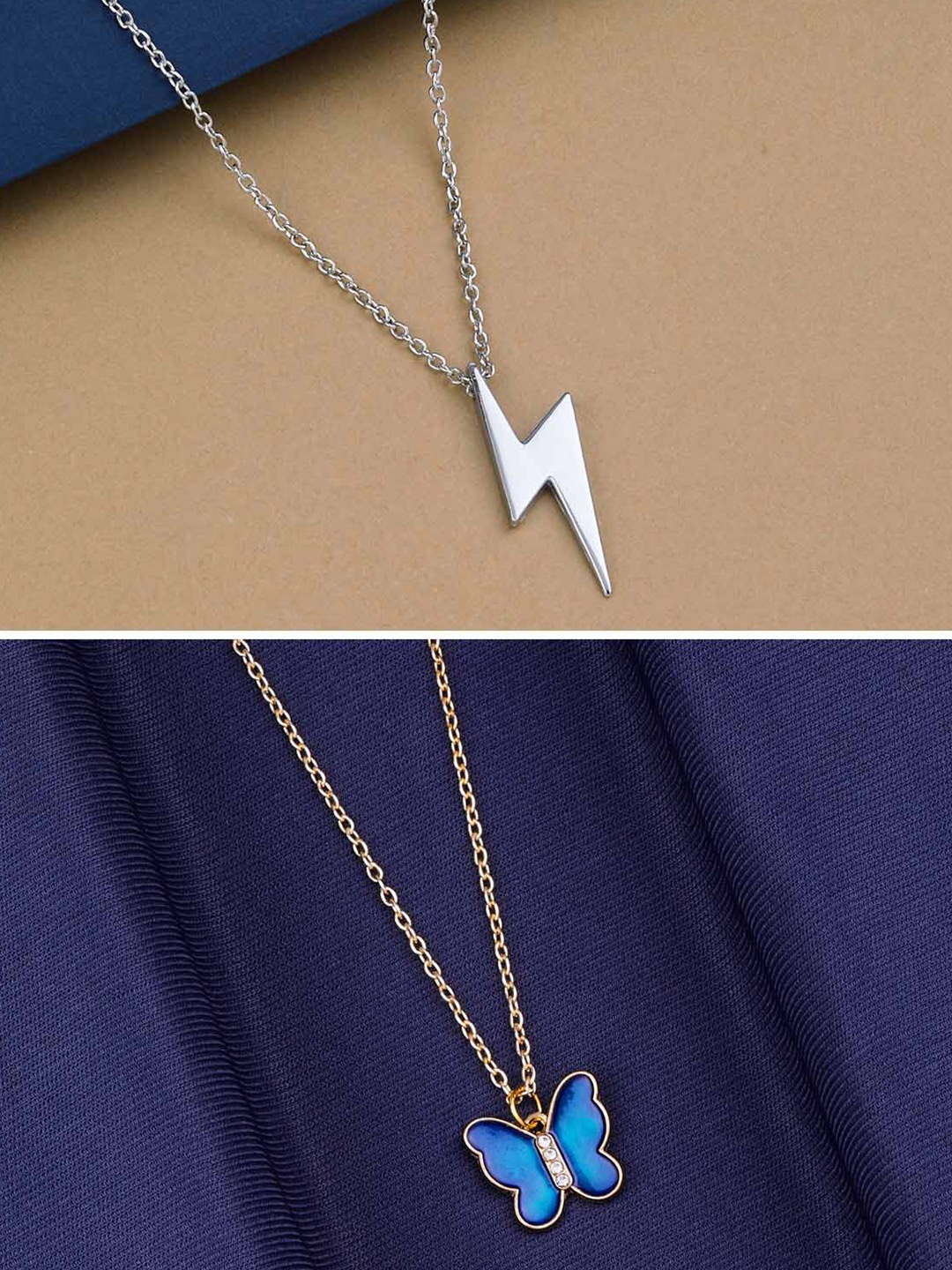 

Silver Shine Set Of 2 Gold-Plated Butterfly & Zig Zag Flash Pendant Chains