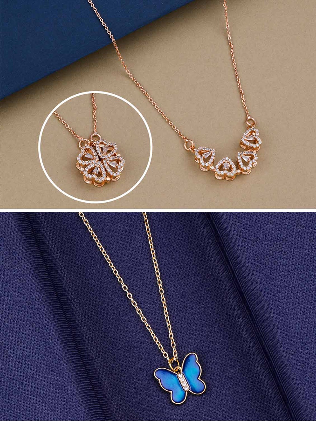 

Silver Shine Set Of 2 Gold-Plated Butterfly & Clover Open Hearts Pendant Chains