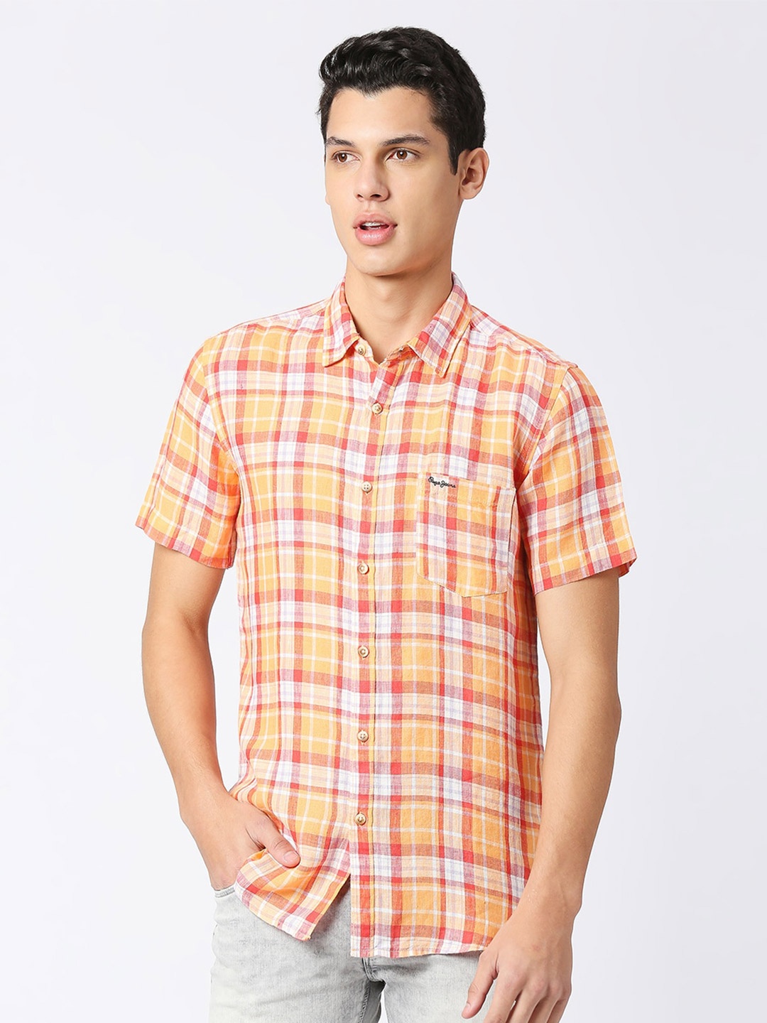 

Pepe Jeans Tartan Checked Half Sleeve Pure Linen Casual Shirt, Yellow