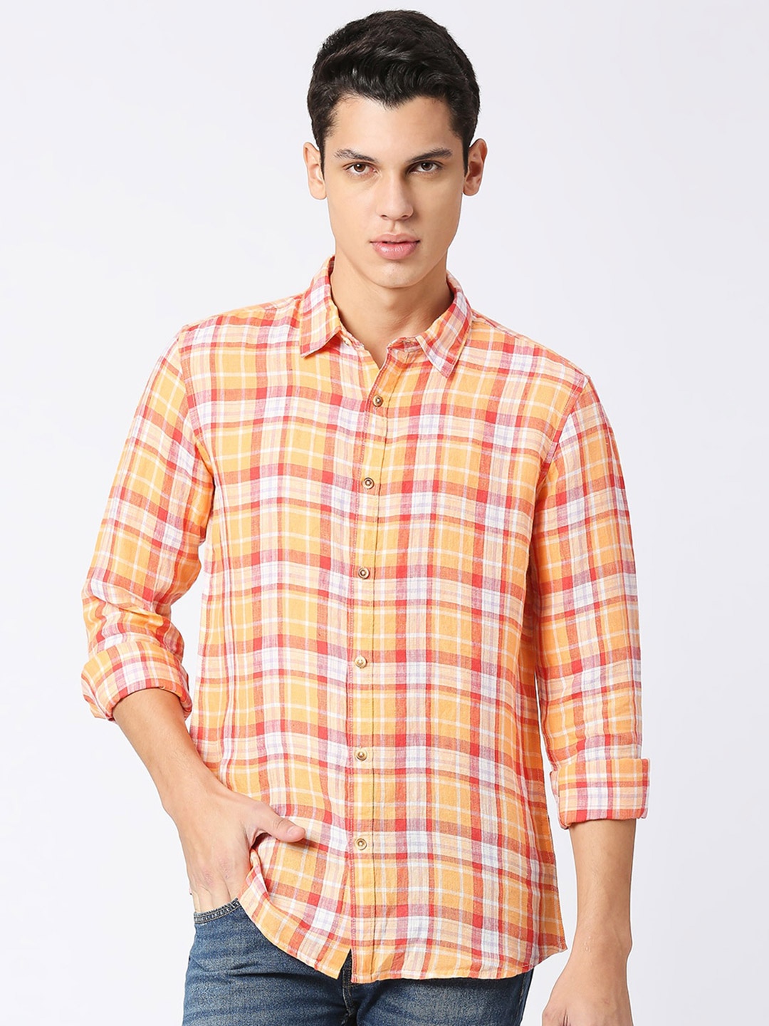 

Pepe Jeans Tartan Checked Opaque Pure Linen Casual Shirt, Yellow