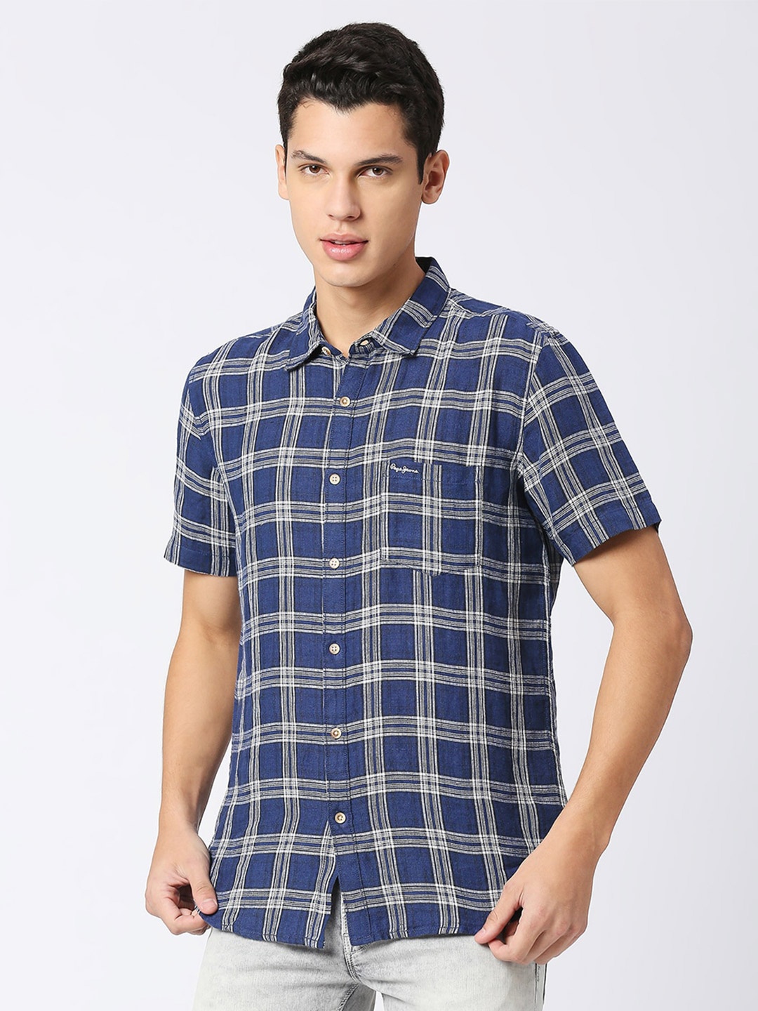 

Pepe Jeans Tartan Checked Opaque Pure Linen Casual Shirt, Blue