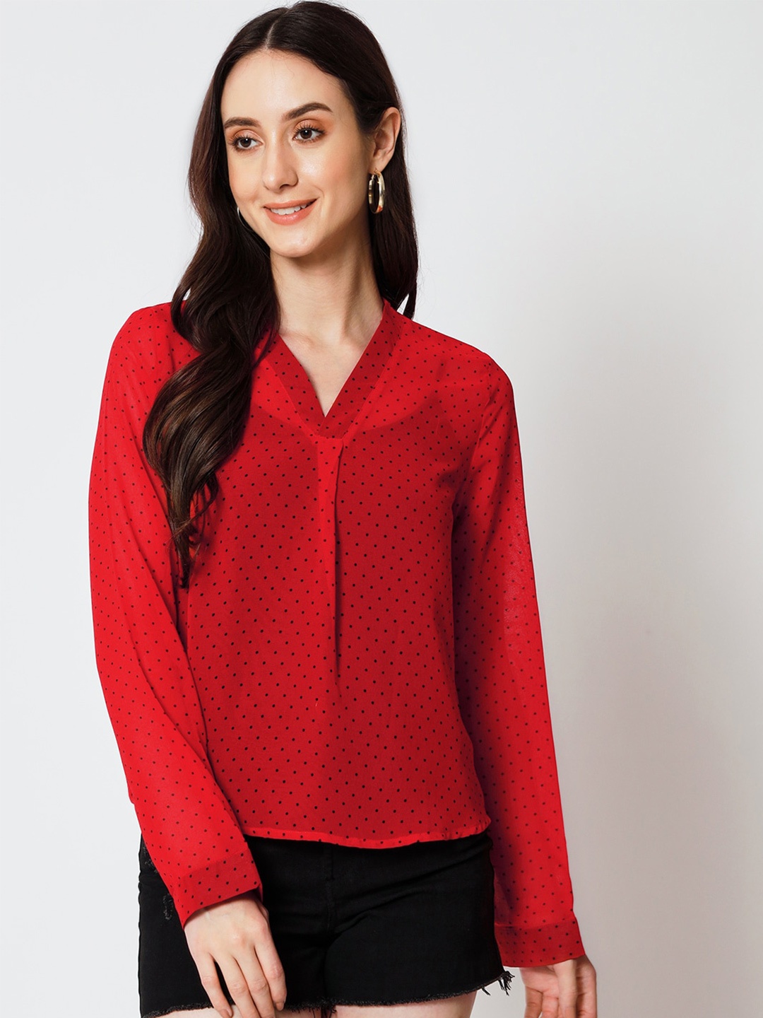 

Yaadleen Polka Dot Printed V-Neck Cuffed Sleeves Georgette Top, Red