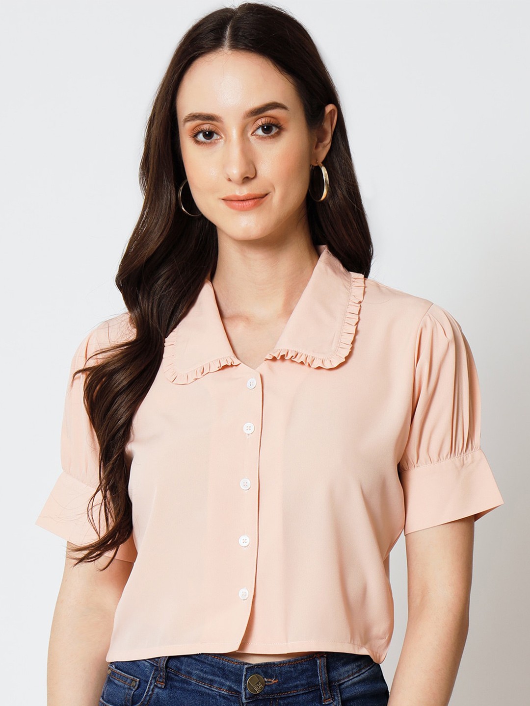 

Yaadleen Puff Sleeve Shirt Style Crop Top, Peach