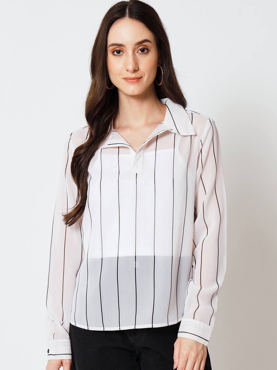 

Yaadleen Striped Shirt Collar Cuffed Sleeve Top, White