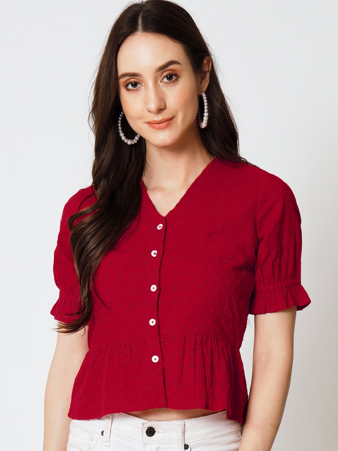 

Yaadleen Puff Sleeves Cotton Peplum Top, Red